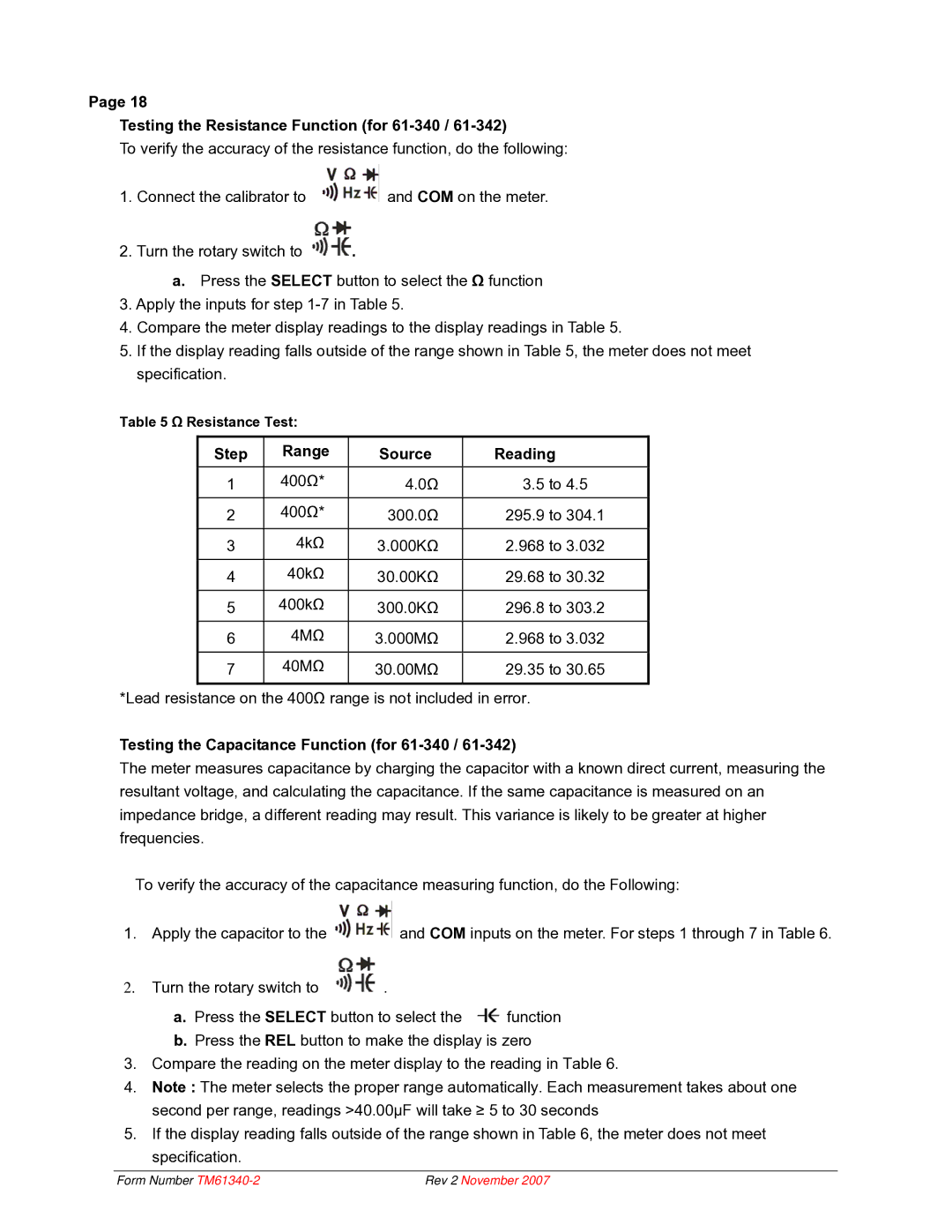 IDEAL INDUSTRIES technical manual Testing the Resistance Function for 61-340, Step Range Source Reading 