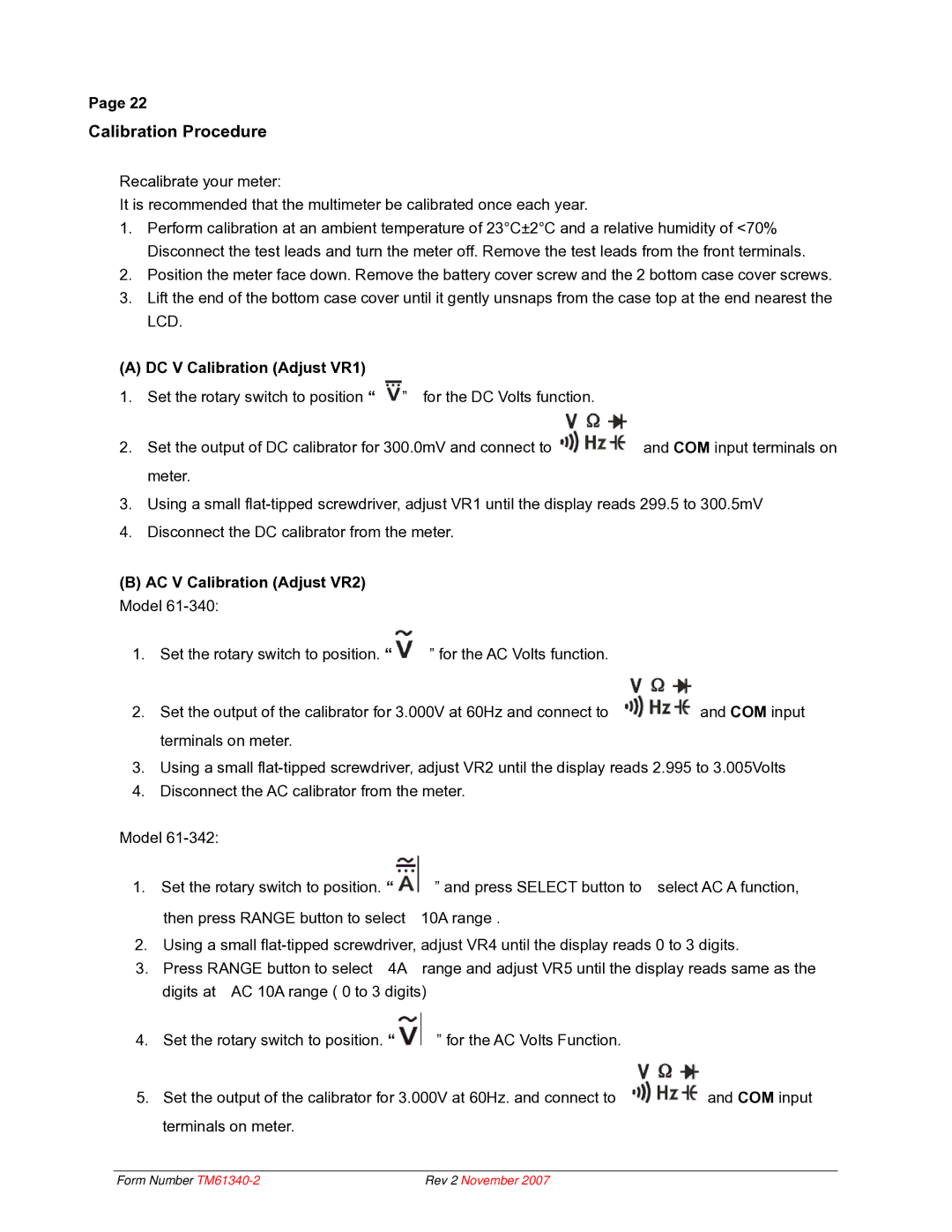 IDEAL INDUSTRIES 61-340 technical manual DC V Calibration Adjust VR1, AC V Calibration Adjust VR2 Model 