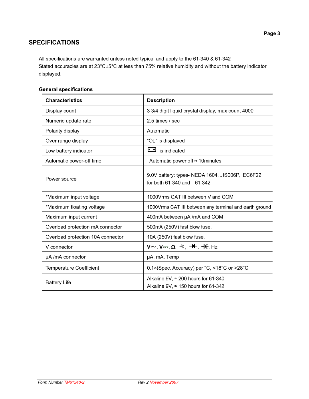 IDEAL INDUSTRIES 61-340 technical manual Specifications, General specifications Characteristics Description 