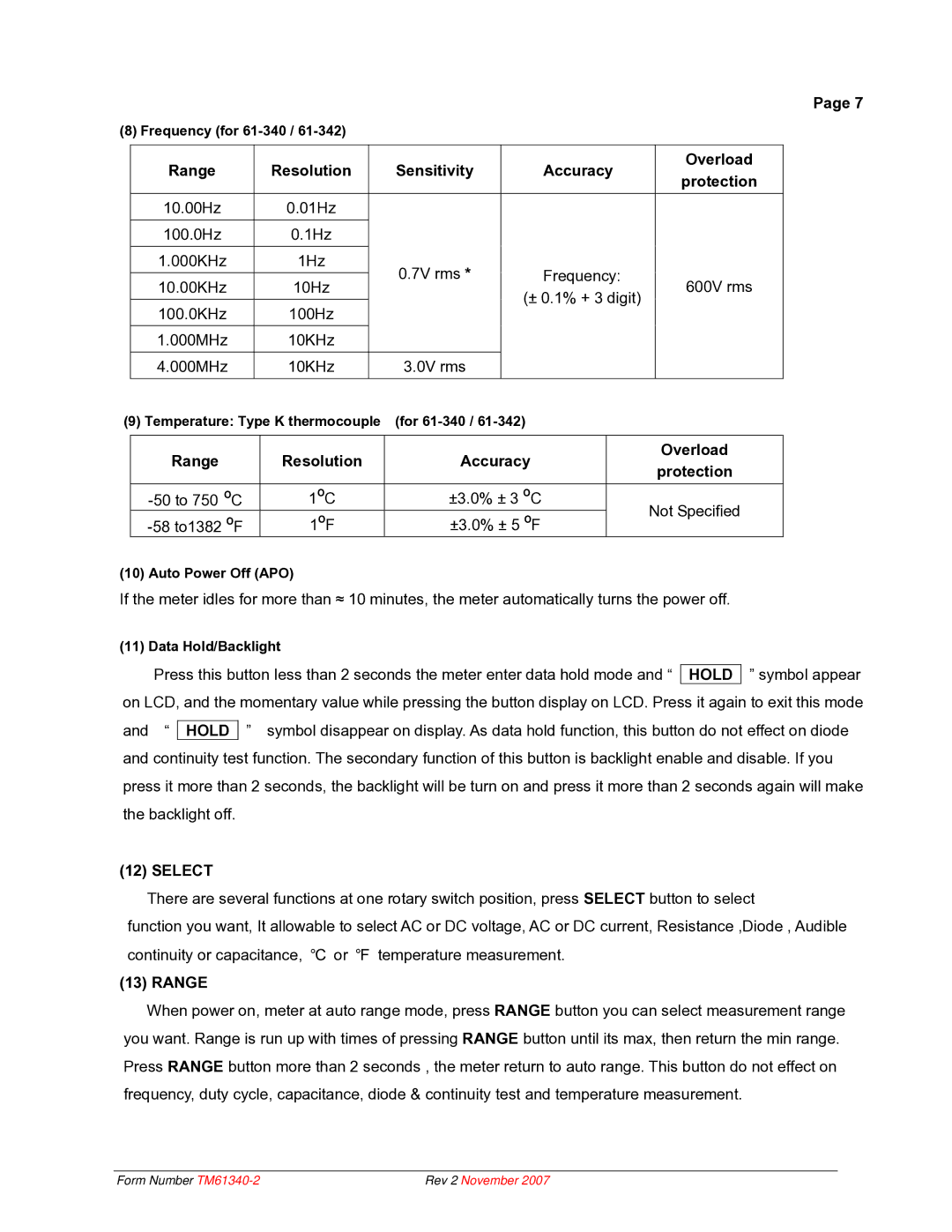 IDEAL INDUSTRIES 61-340 technical manual Range Resolution Sensitivity Accuracy, Overload Protection 