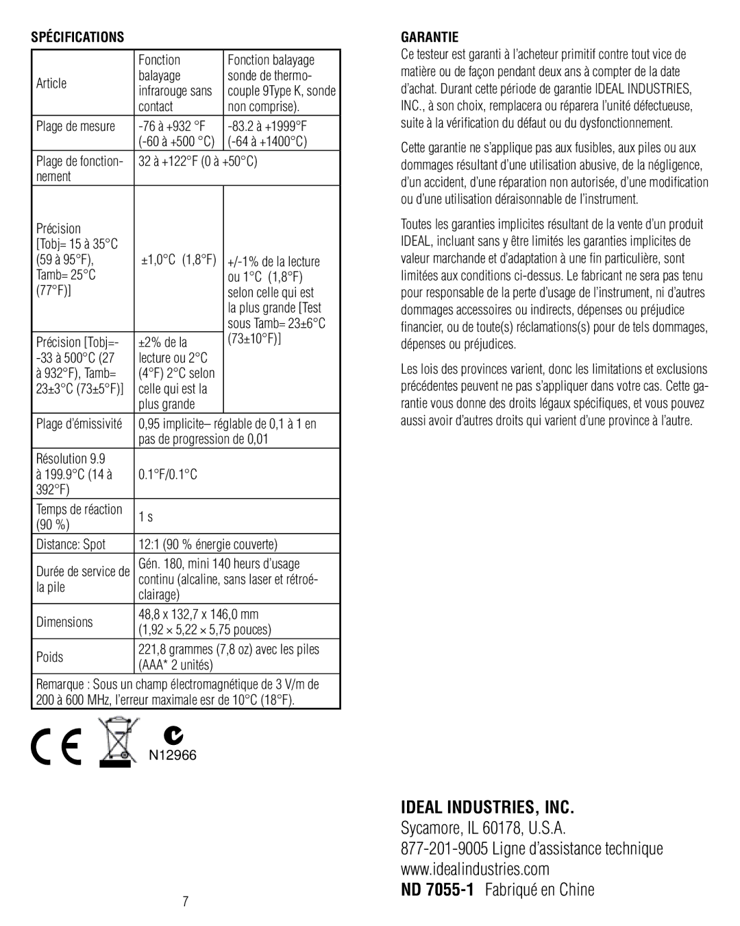 IDEAL INDUSTRIES 61-685 operating instructions Spécifications, Garantie 