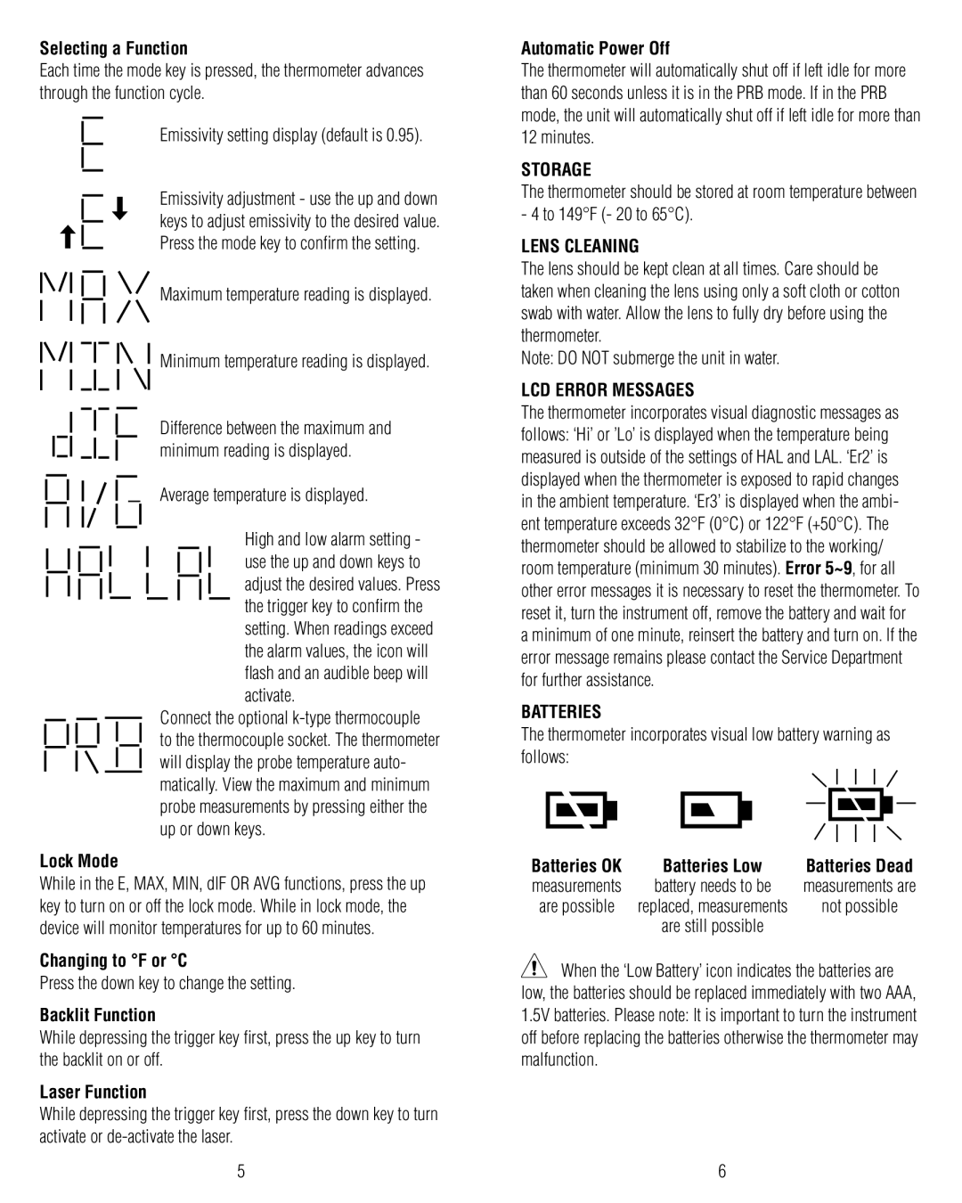 IDEAL INDUSTRIES 61-685 operating instructions Storage, Lens Cleaning, LCD Error Messages, Batteries 