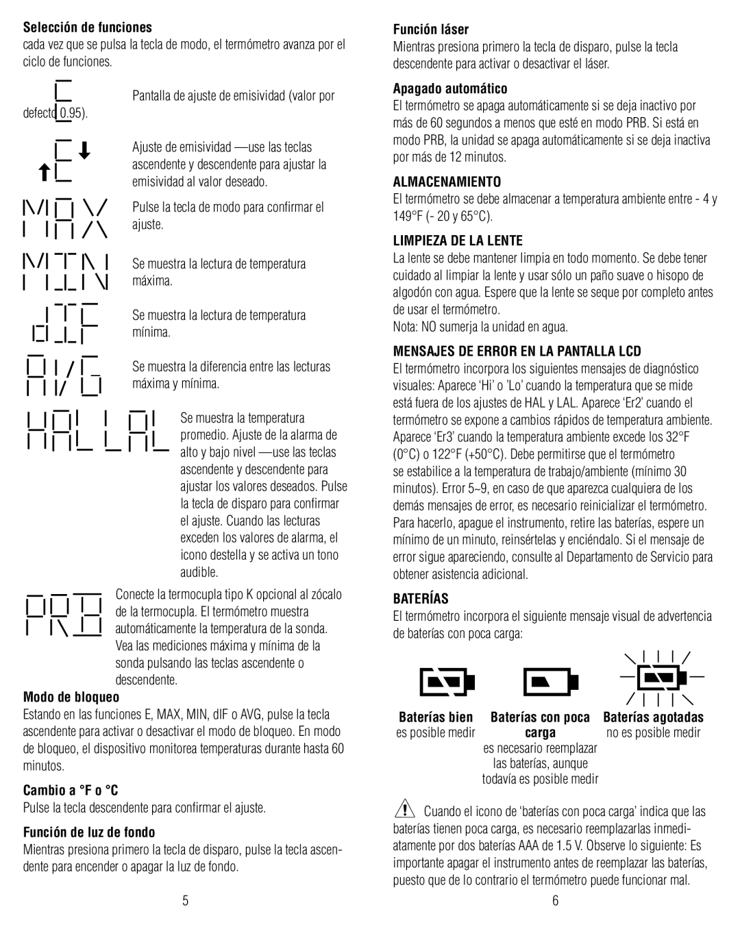 IDEAL INDUSTRIES 61-685 Almacenamiento, Limpieza DE LA Lente, Mensajes DE Error EN LA Pantalla LCD, Baterías 