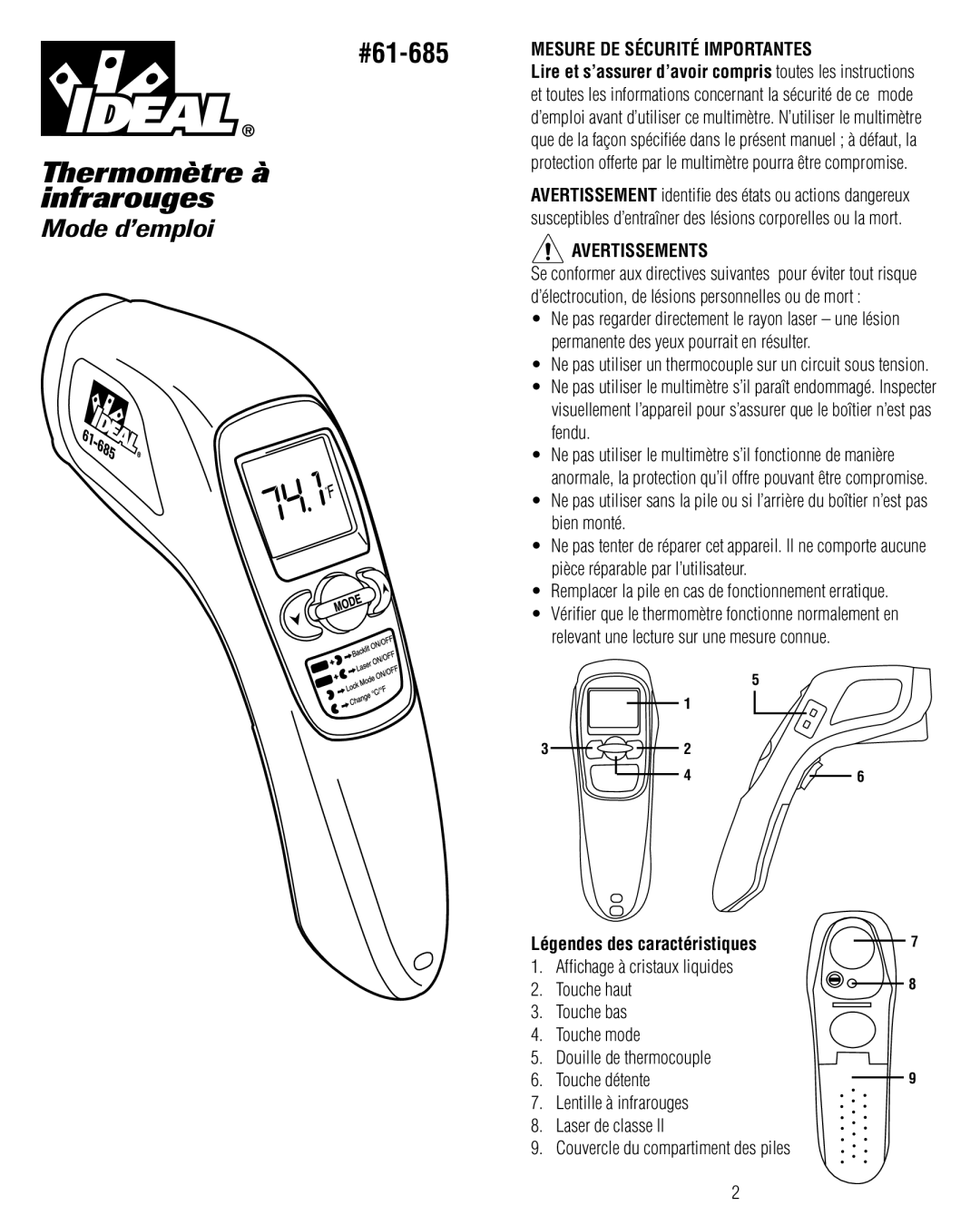 IDEAL INDUSTRIES 61-685 operating instructions Thermomètre à infrarouges, Mesure DE Sécurité Importantes, Avertissements 