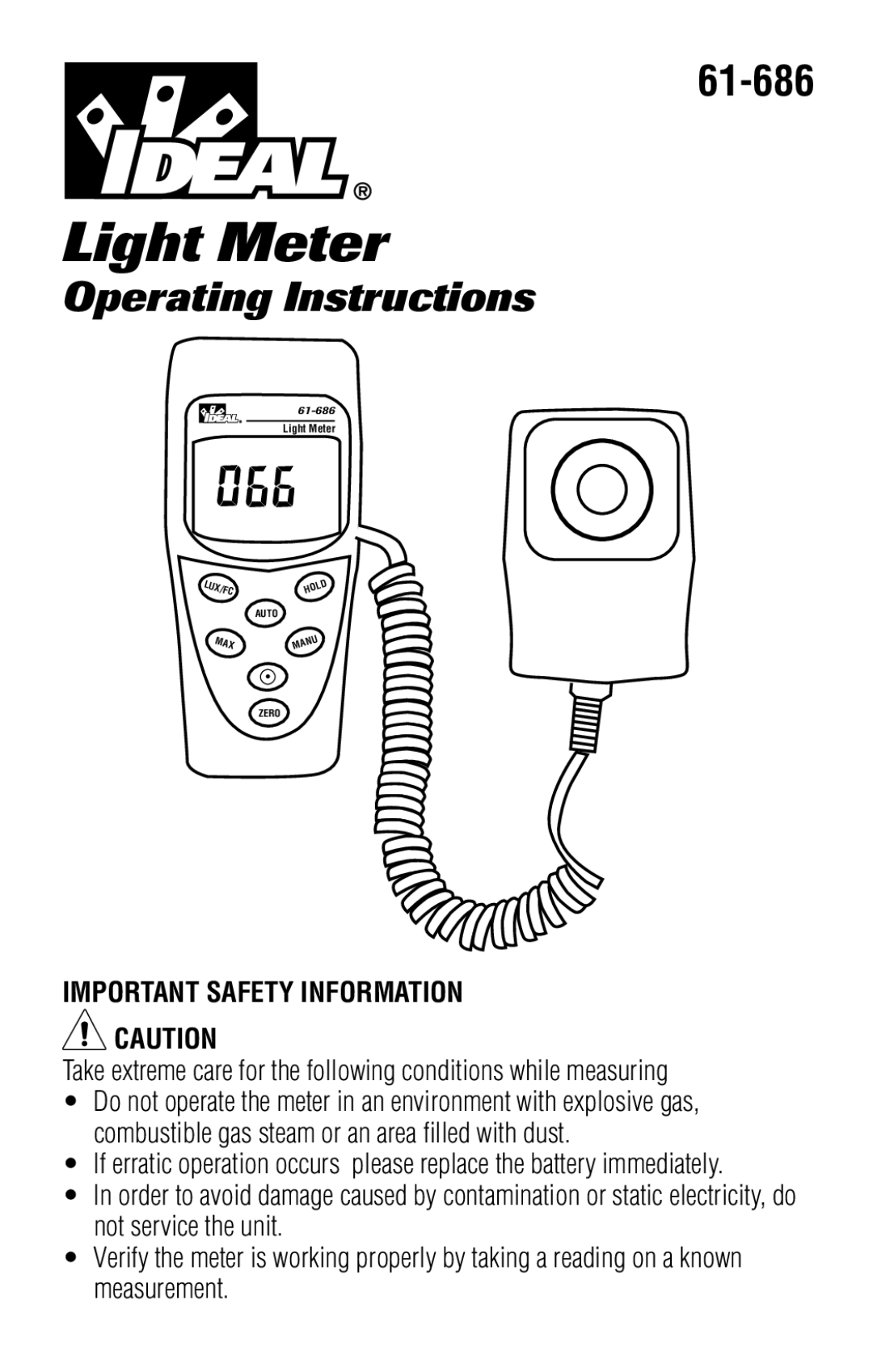 IDEAL INDUSTRIES 61-686 operating instructions Light Meter, Important Safety Information 