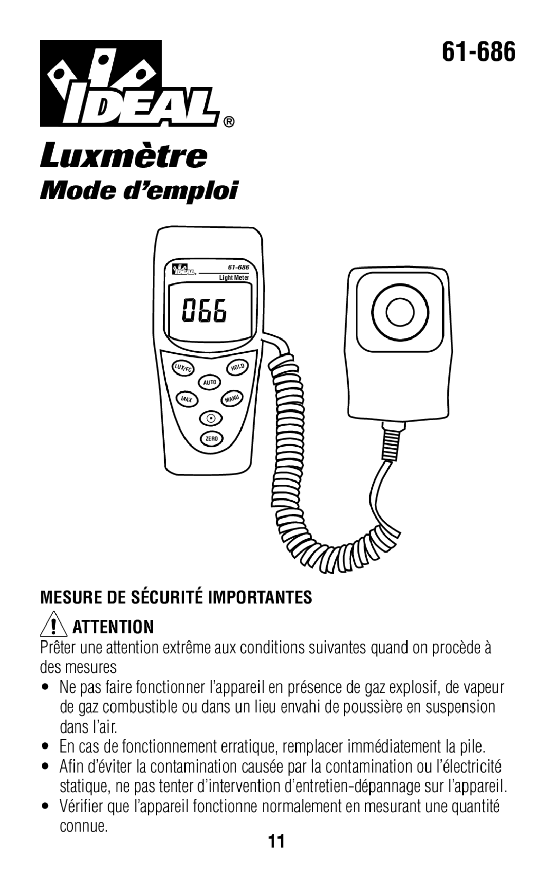 IDEAL INDUSTRIES 61-686 operating instructions Luxmètre, Mesure DE Sécurité Importantes 