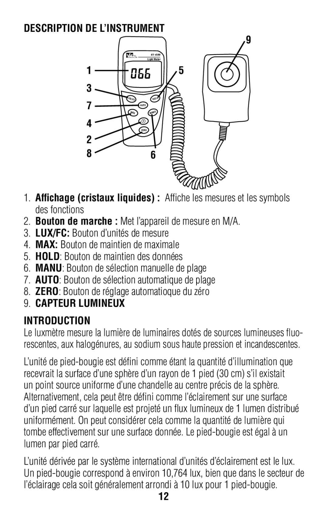 IDEAL INDUSTRIES 61-686 operating instructions Description DE L’INSTRUMENT, Capteur Lumineux Introduction 