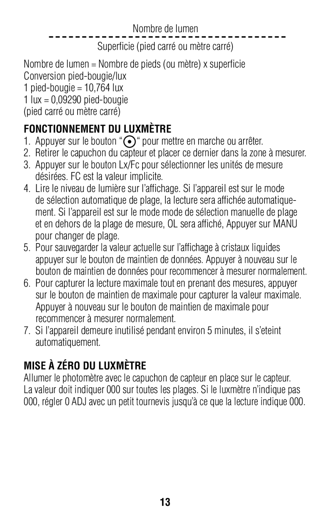 IDEAL INDUSTRIES 61-686 operating instructions Fonctionnement DU Luxmètre, Mise À Zéro DU Luxmètre 