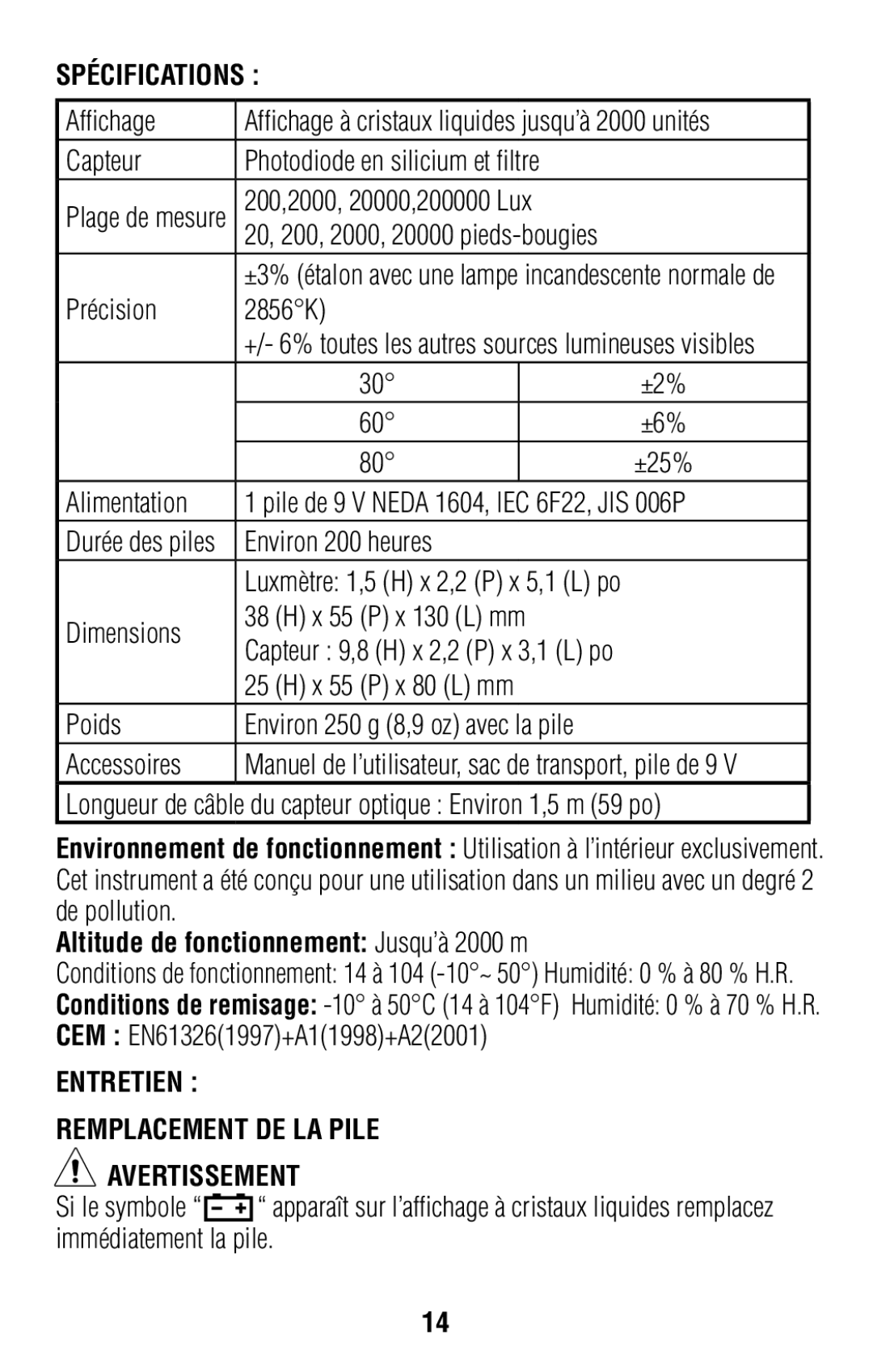 IDEAL INDUSTRIES 61-686 operating instructions Spécifications, Entretien Remplacement DE LA Pile Avertissement 