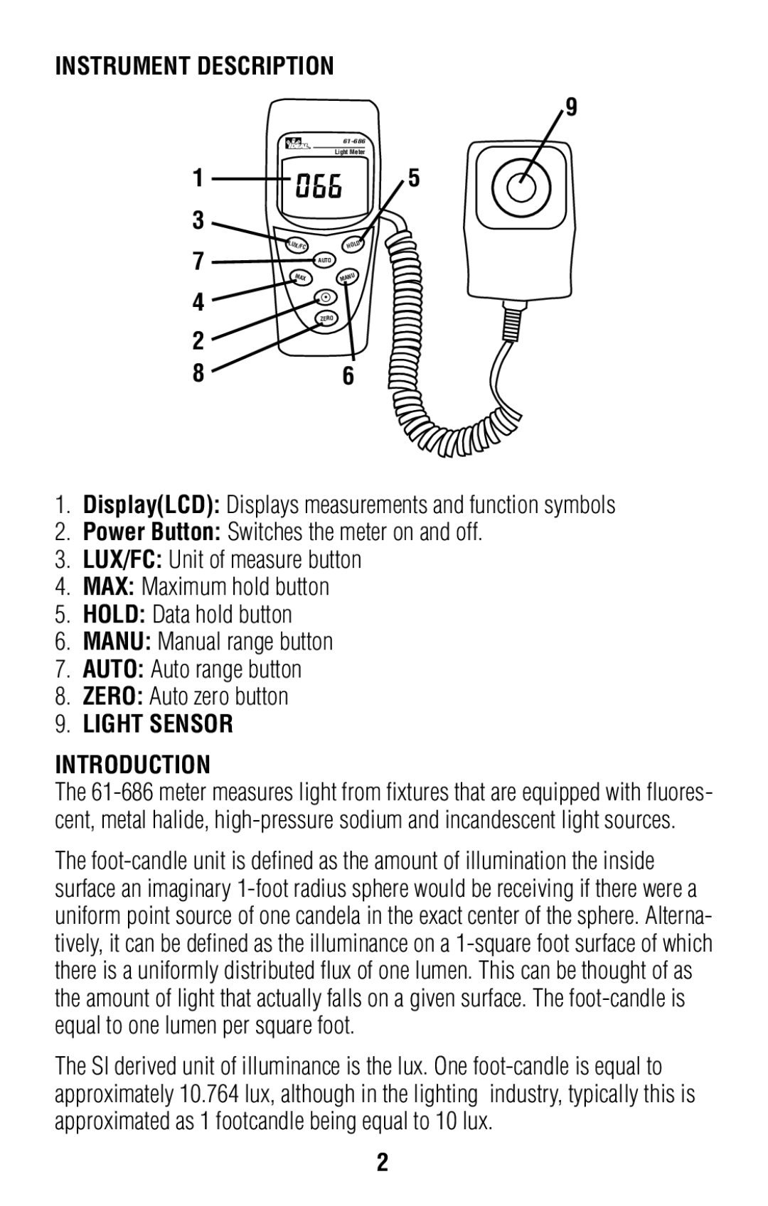 IDEAL INDUSTRIES 61-686 operating instructions Instrument Description, Light Sensor Introduction 