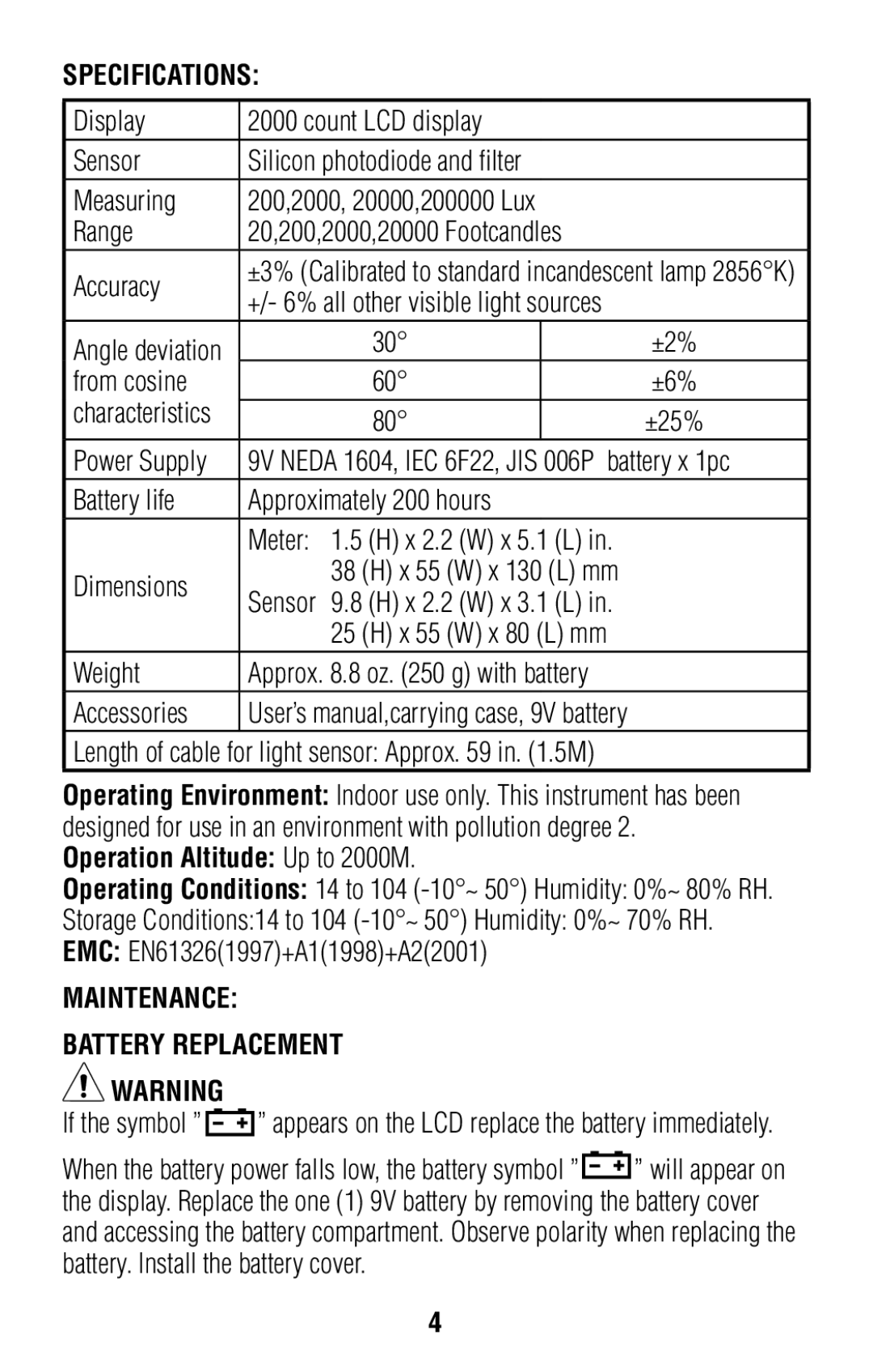 IDEAL INDUSTRIES 61-686 operating instructions Specifications, Maintenance Battery Replacement 