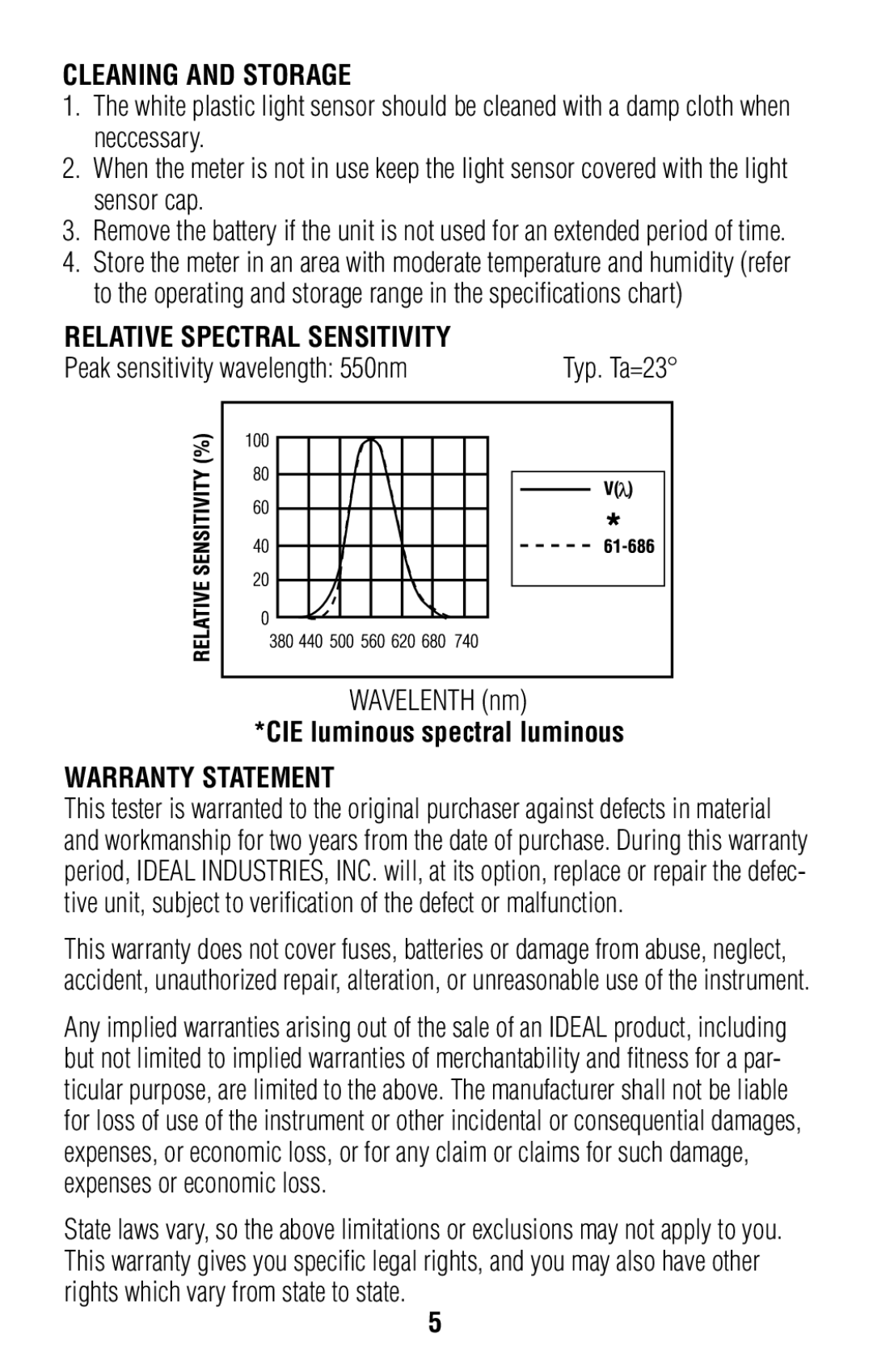 IDEAL INDUSTRIES 61-686 operating instructions Cleaning and Storage, Relative Spectral Sensitivity, Warranty Statement 