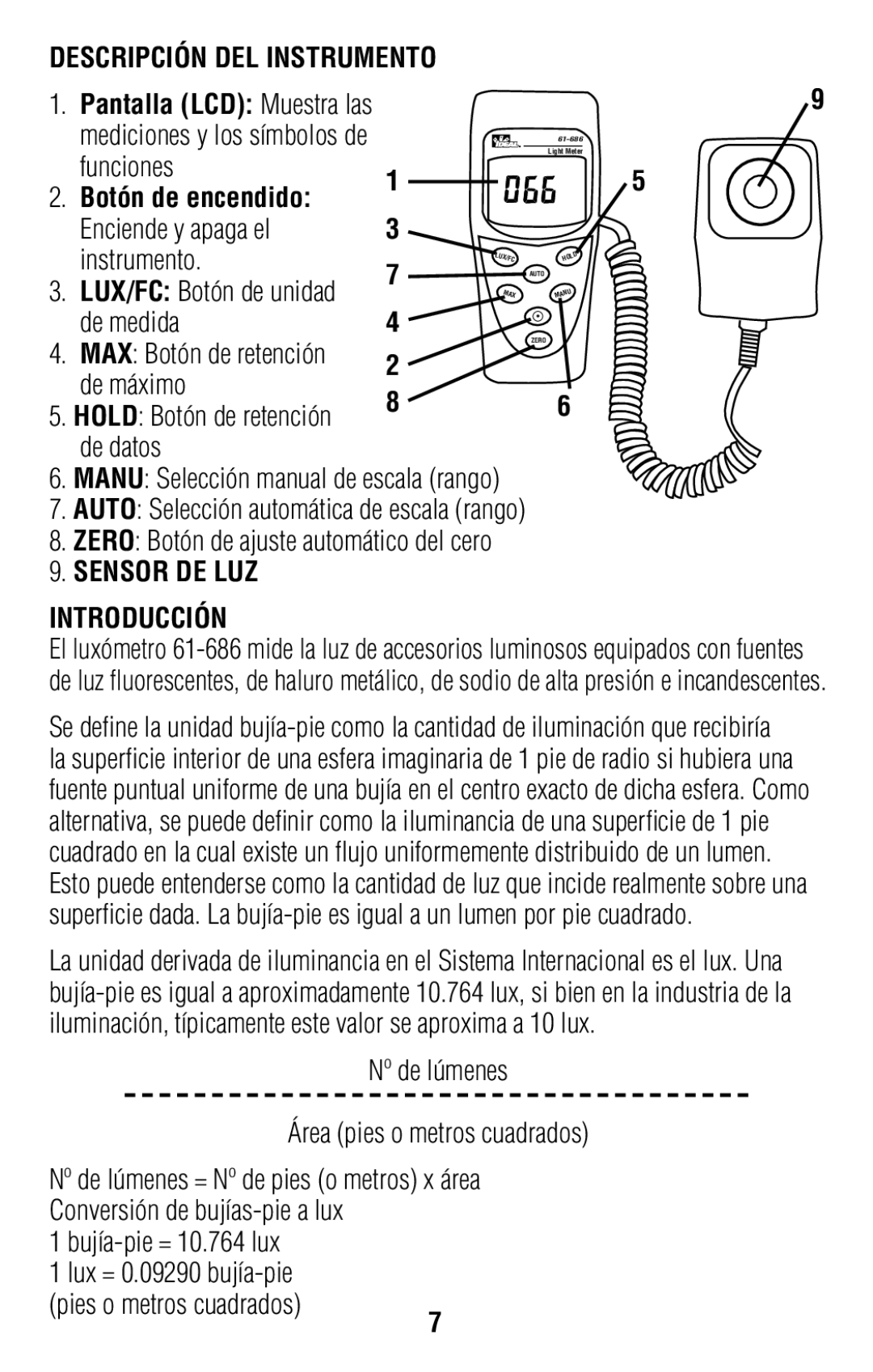 IDEAL INDUSTRIES 61-686 operating instructions Descripción DEL Instrumento, Sensor DE LUZ, Introducción 