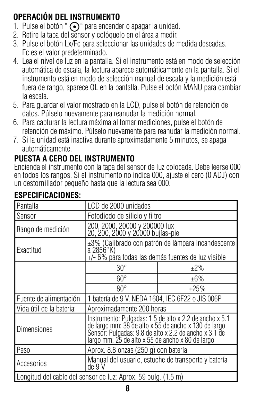 IDEAL INDUSTRIES 61-686 operating instructions Operación DEL Instrumento, Puesta a Cero DEL Instrumento, Especificaciones 