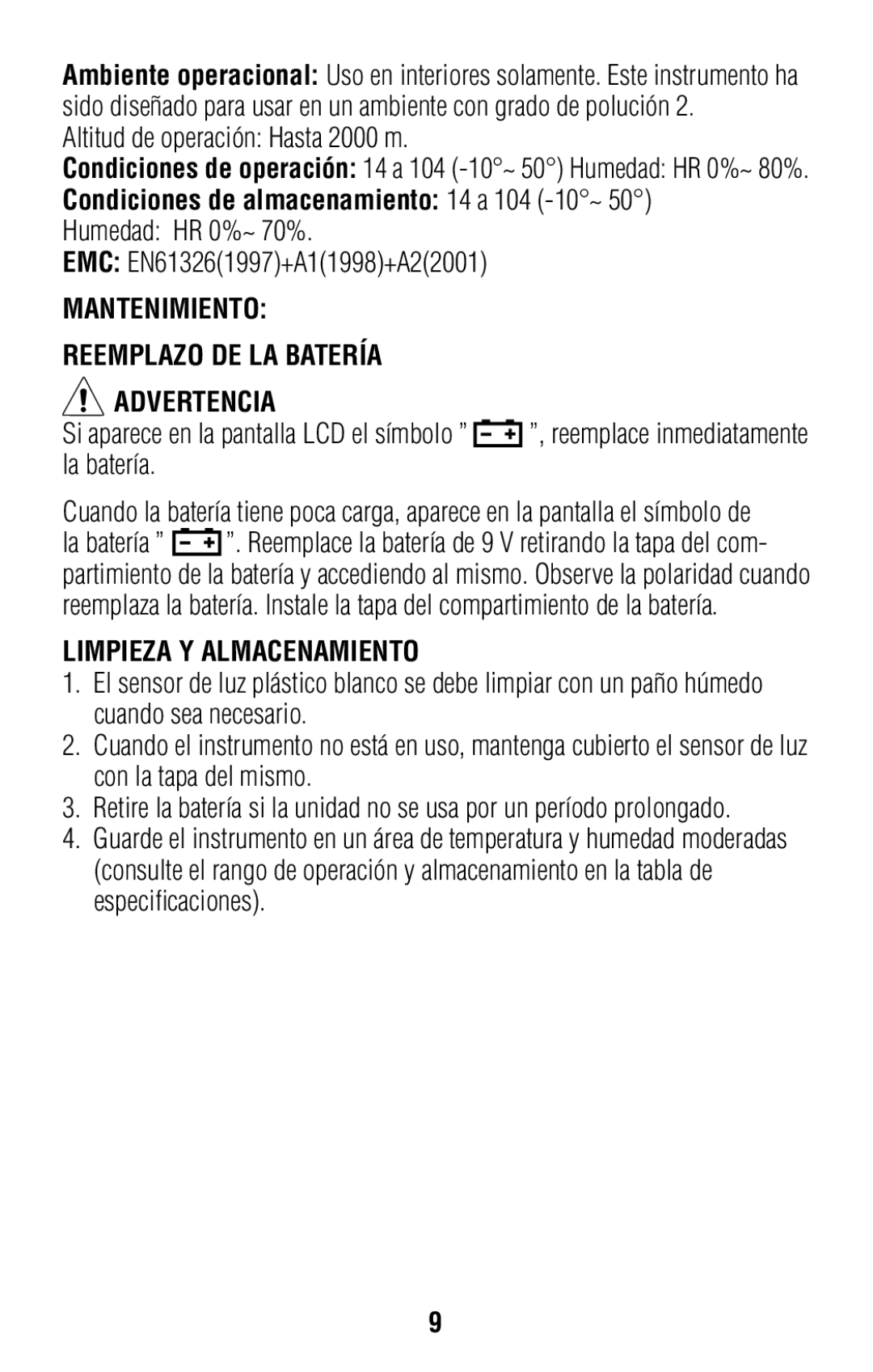 IDEAL INDUSTRIES 61-686 operating instructions Mantenimiento Reemplazo DE LA Batería Advertencia, Limpieza Y Almacenamiento 