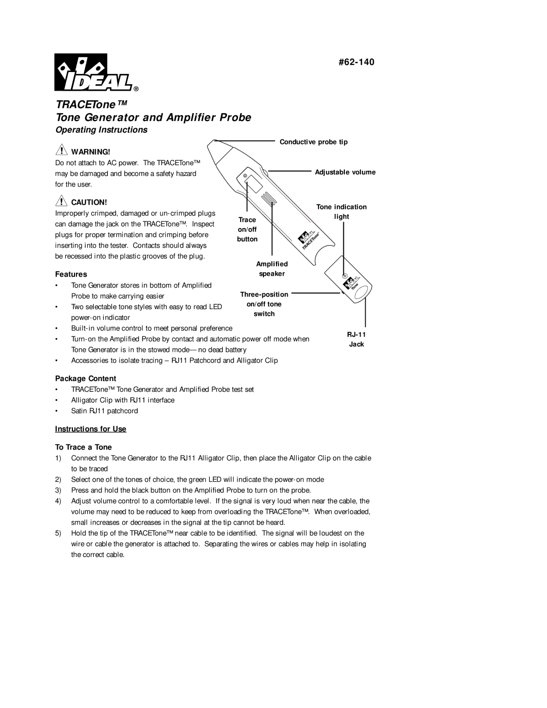 IDEAL INDUSTRIES 62-140 operating instructions TRACETone Tone Generator and Amplifier Probe 