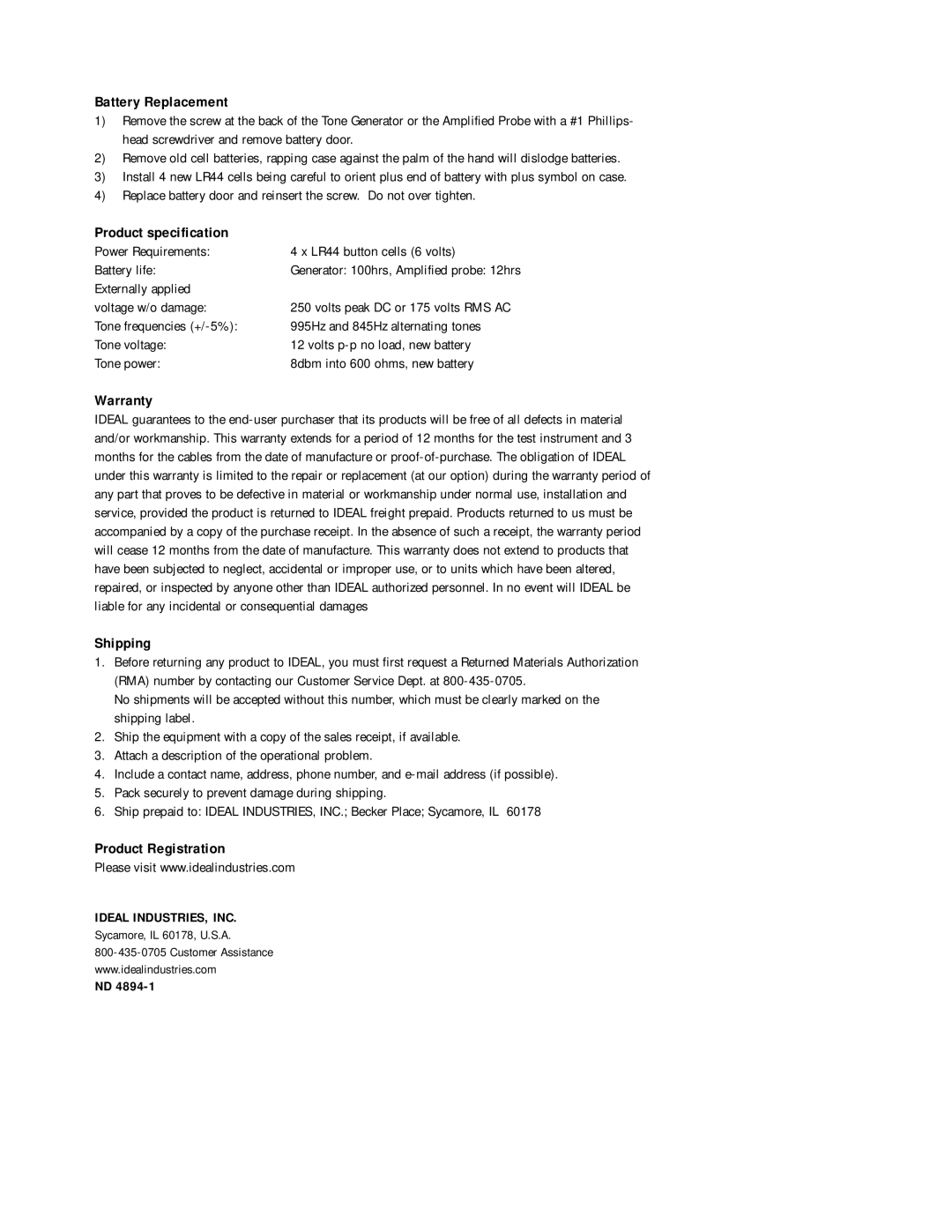 IDEAL INDUSTRIES 62-140 Battery Replacement, Product specification, Warranty, Shipping, Product Registration 