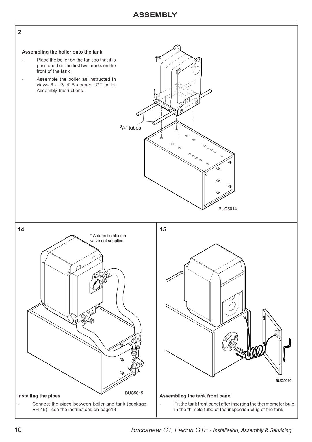 IDEAL INDUSTRIES BUC5034 manual Assembling the boiler onto the tank, Installing the pipes Assembling the tank front panel 