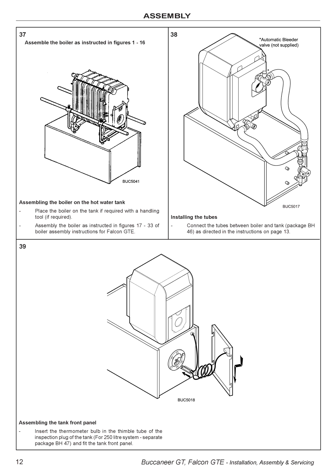 IDEAL INDUSTRIES BUC5034 manual Assemble the boiler as instructed in figures 1, Assembling the boiler on the hot water tank 