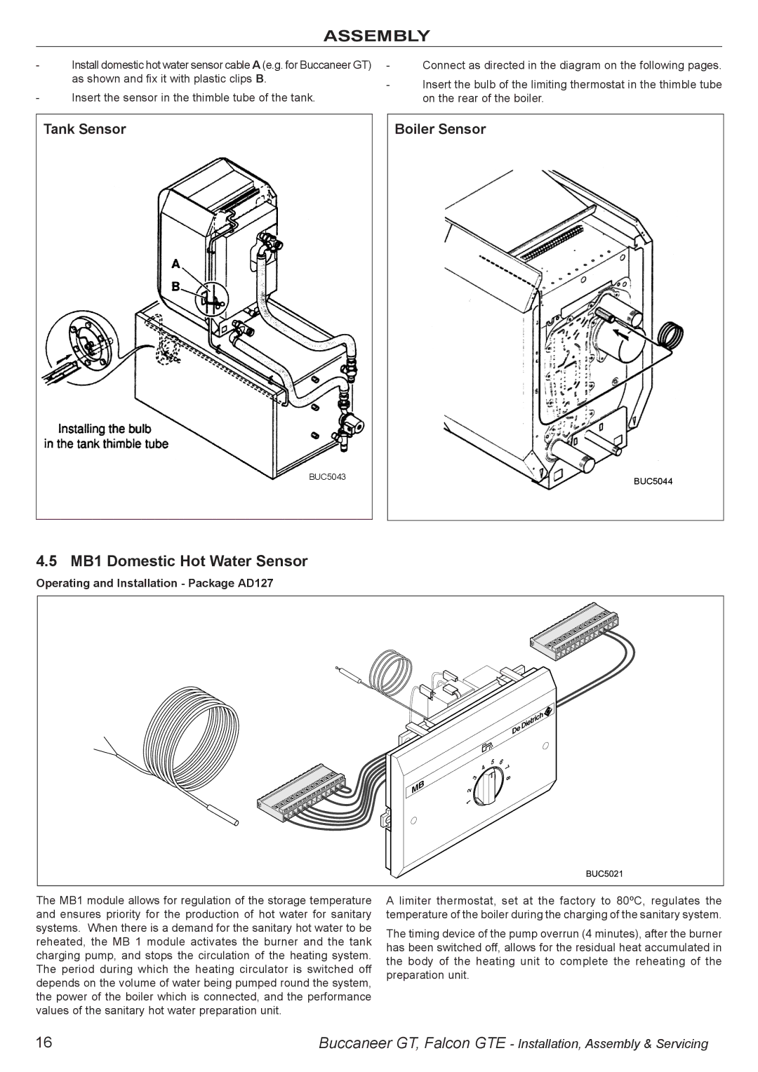 IDEAL INDUSTRIES BUC5034 manual MB1 Domestic Hot Water Sensor, Tank Sensor, Boiler Sensor 