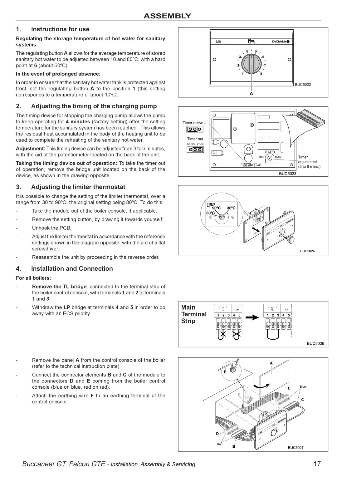 IDEAL INDUSTRIES BUC5034 Instructions for use, Adjusting the timing of the charging pump, Adjusting the limiter thermostat 