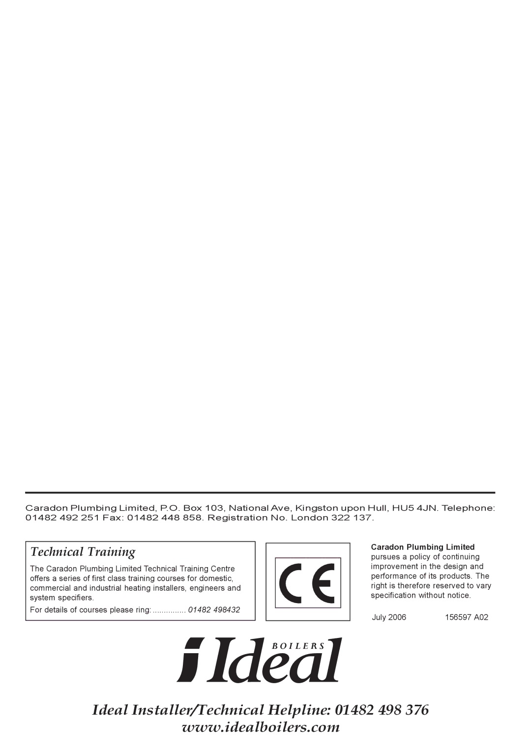 IDEAL INDUSTRIES BUC5034 manual Ideal Installer/Technical Helpline 01482 498 