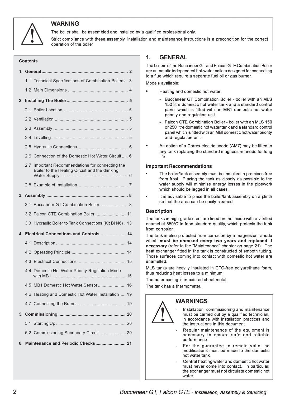 IDEAL INDUSTRIES BUC5034 manual General, Warnings, Important Recommendations, Description, Contents, Installing The Boiler 