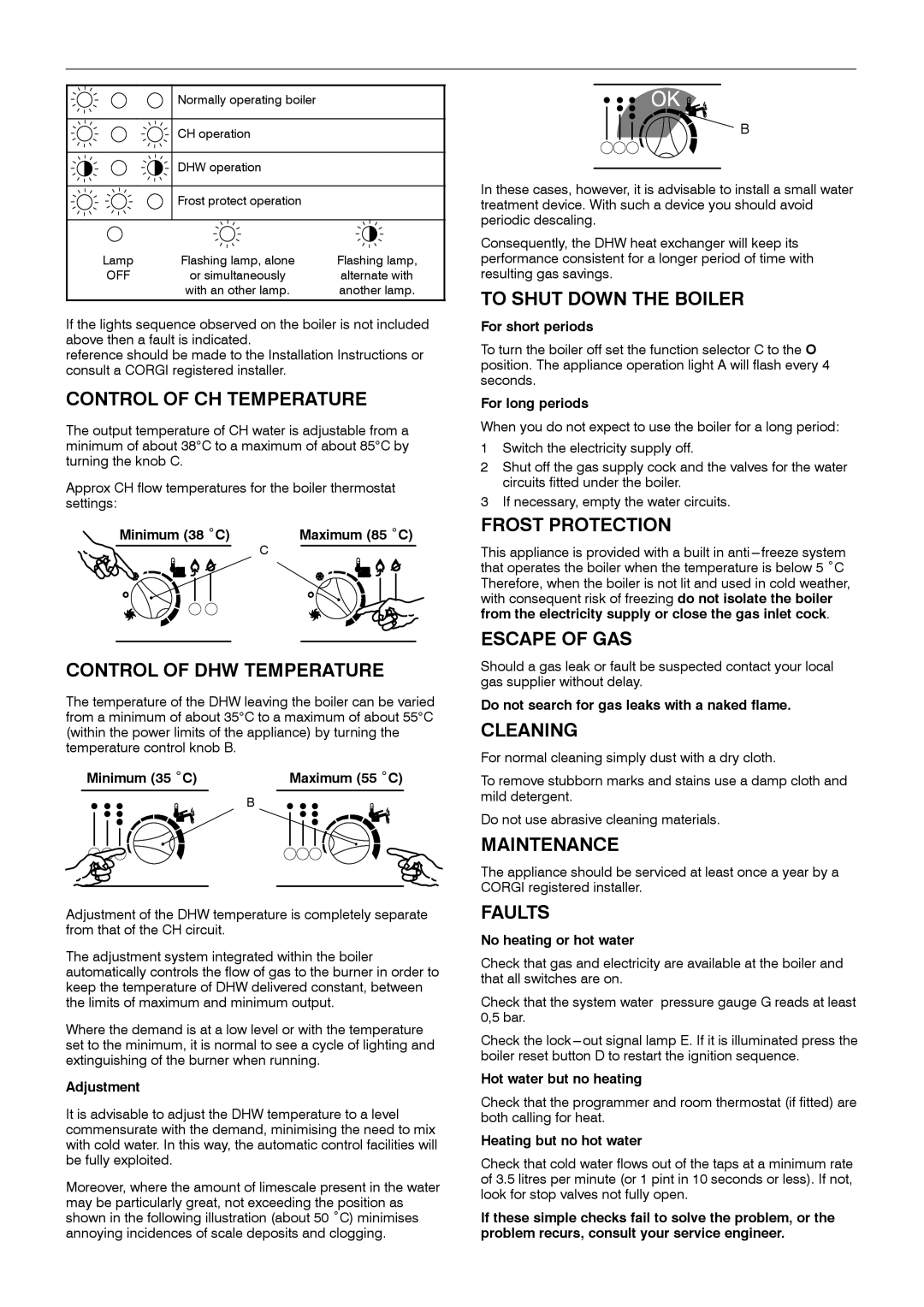 IDEAL INDUSTRIES C28, C24 Control of CH Temperature, Control of DHW Temperature, To Shut Down the Boiler, Frost Protection 