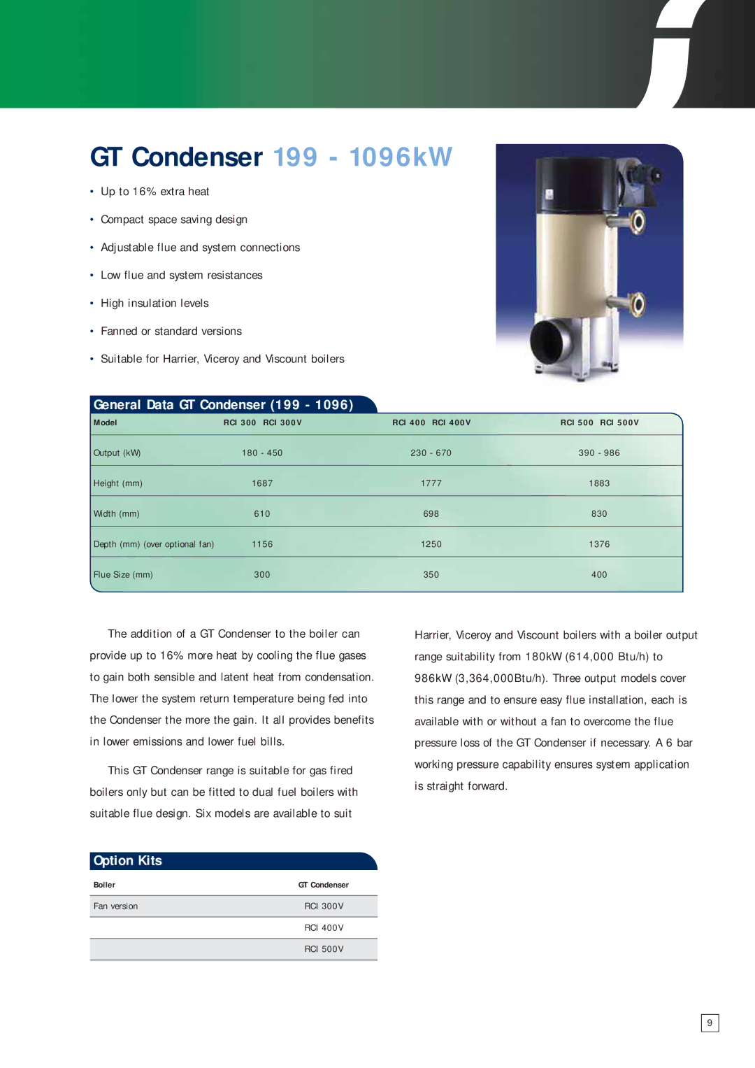 IDEAL INDUSTRIES F220 GT Condenser 199 1096kW, General Data GT Condenser 199, Model RCI 300 RCI RCI 400 RCI RCI 500 RCI 