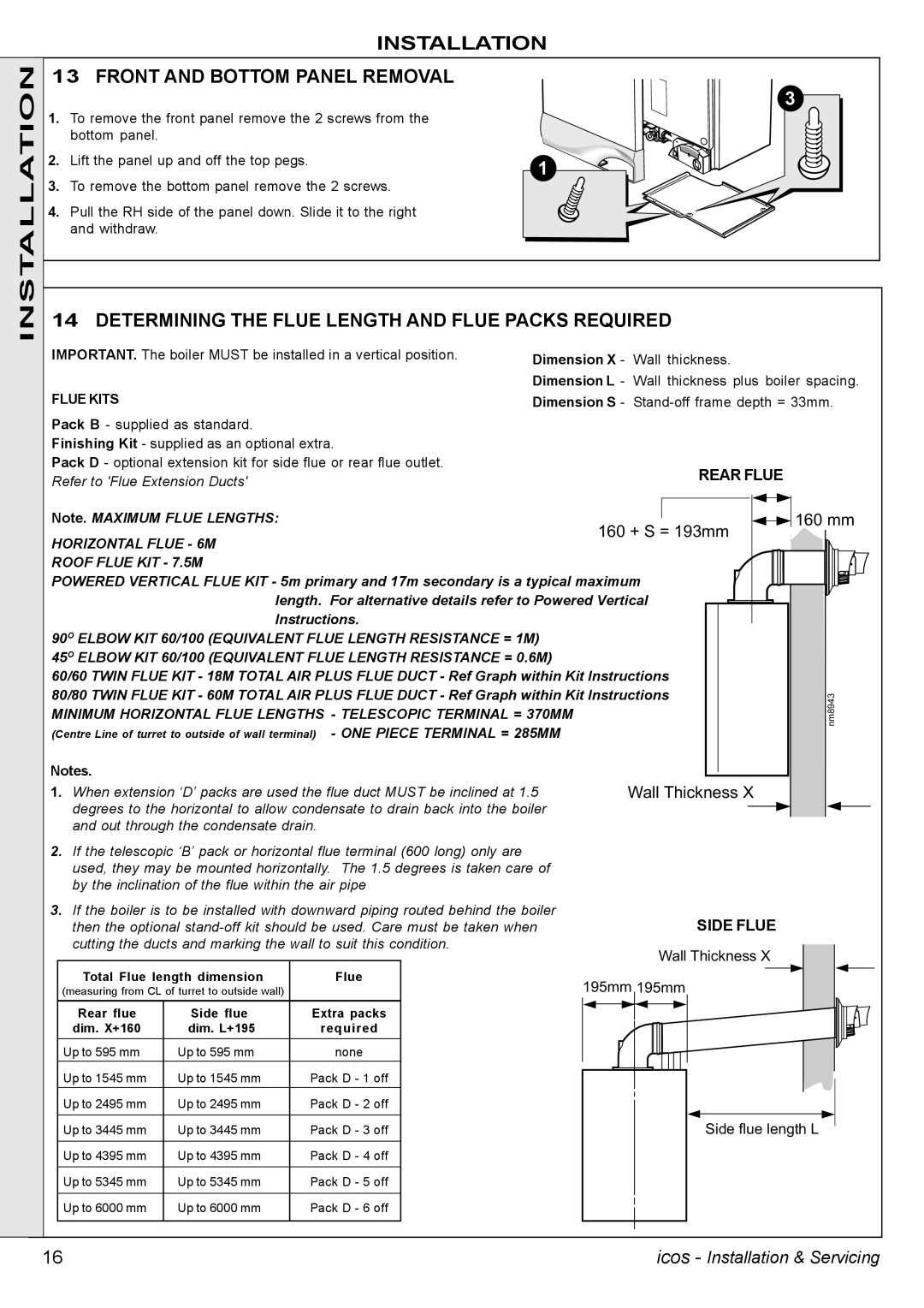 IDEAL INDUSTRIES HE24 Installation Front and Bottom Panel Removal, Determining the Flue Length and Flue Packs Required 