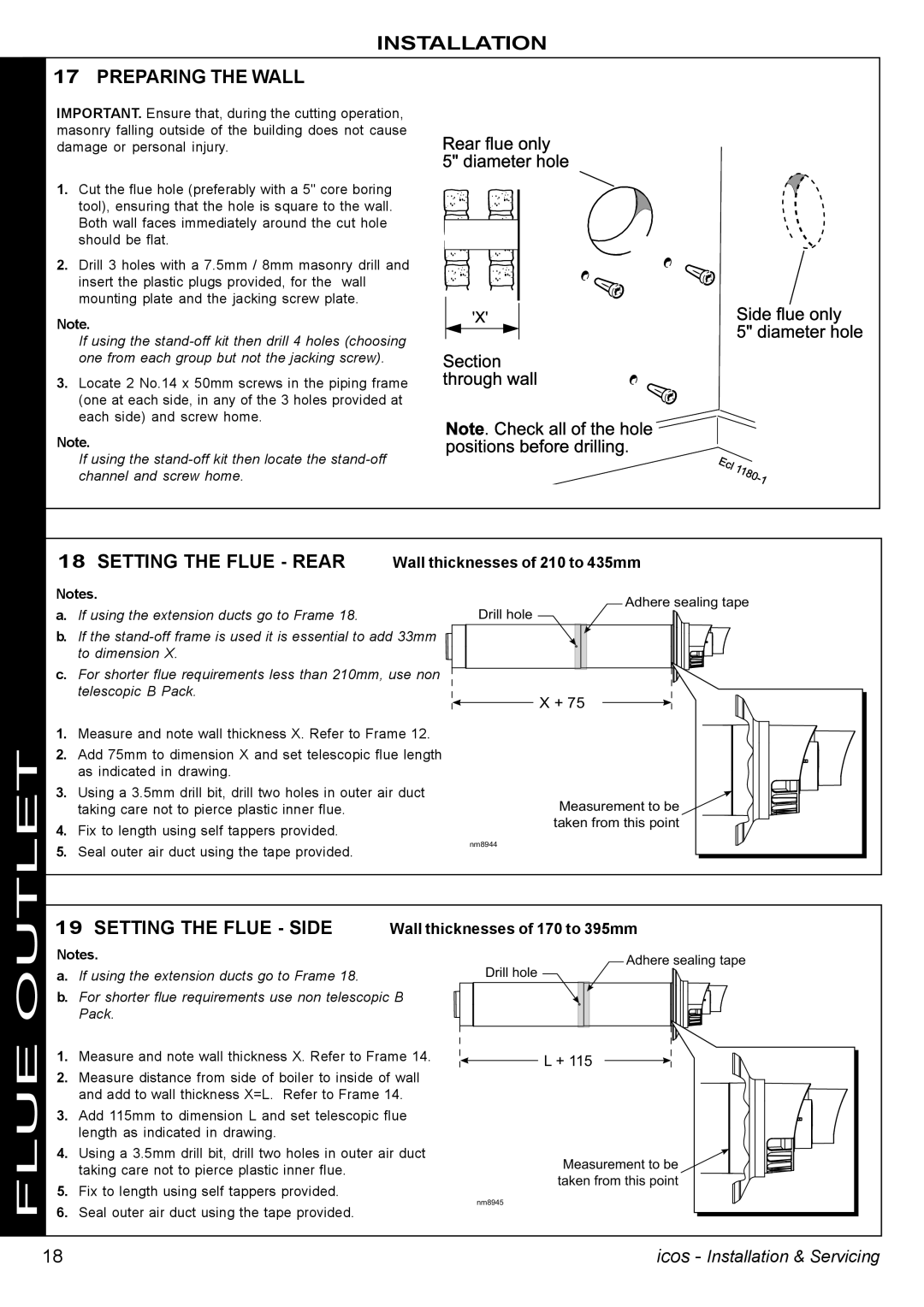 IDEAL INDUSTRIES HE12, HE24, HE18, HE15 manual Installation Preparing the Wall, Setting the Flue Rear, Setting the Flue Side 