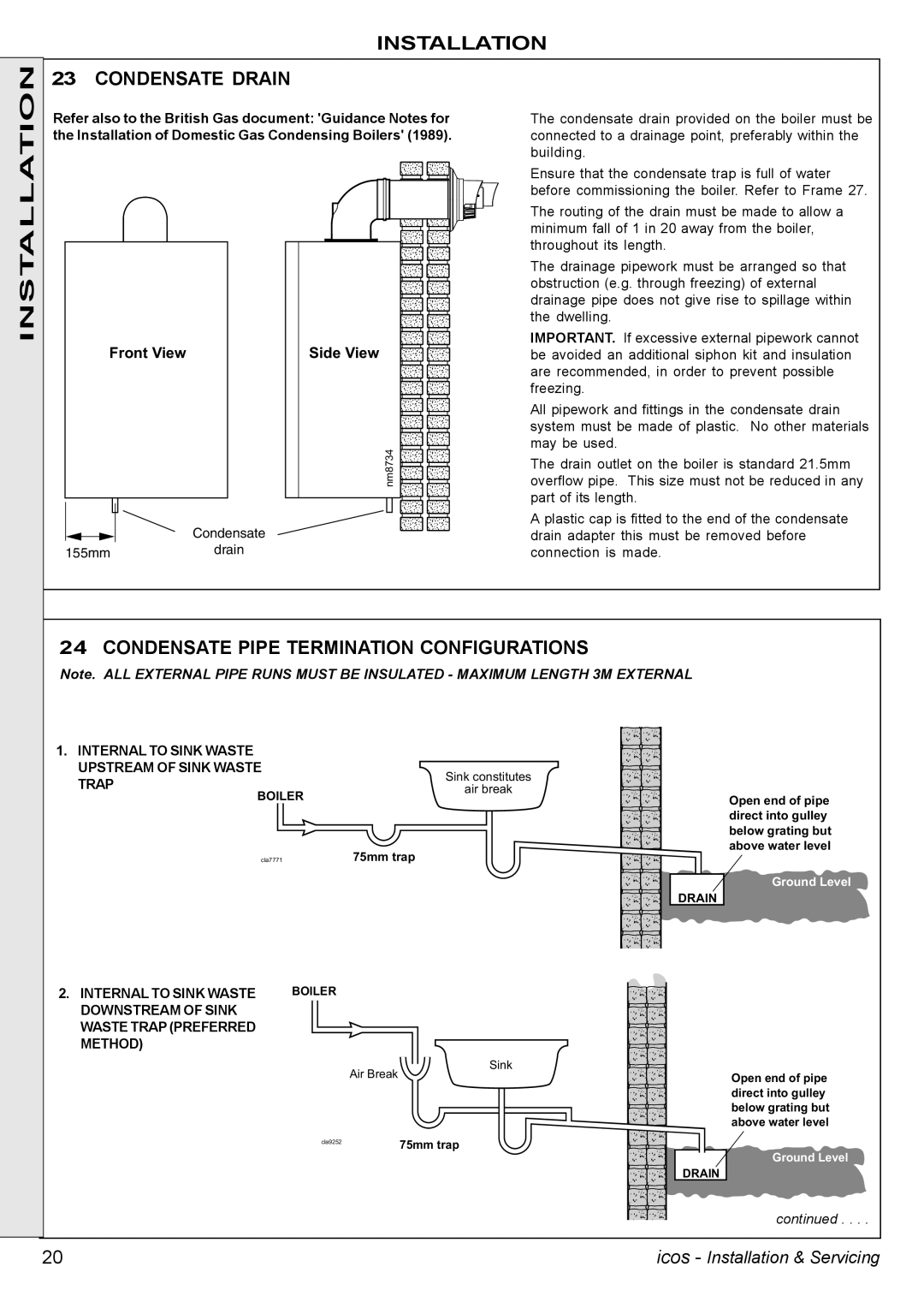 IDEAL INDUSTRIES HE24, HE18, HE12 Installation Condensate Drain, Condensate Pipe Termination Configurations, Front View 