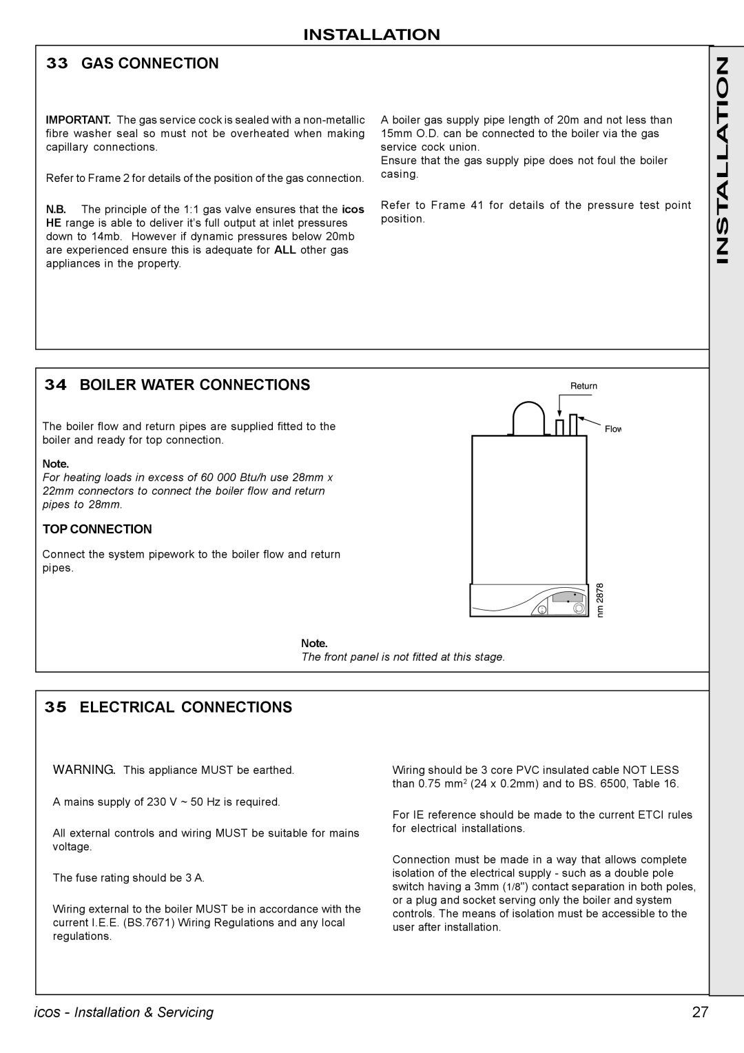 IDEAL INDUSTRIES HE15, HE24, HE18, HE12 manual Installation GAS Connection, Electrical Connections 