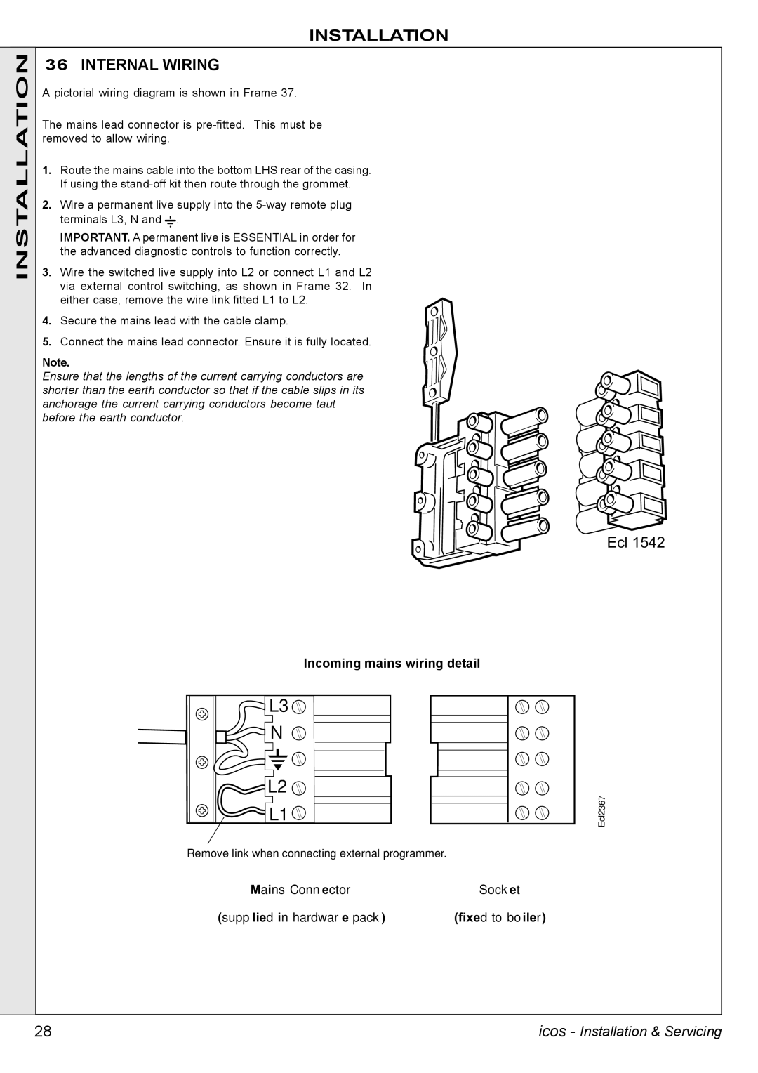 IDEAL INDUSTRIES HE24, HE18, HE12, HE15 Installation Internal Wiring, Incoming mains wiring detail, Mains Connector Socket 