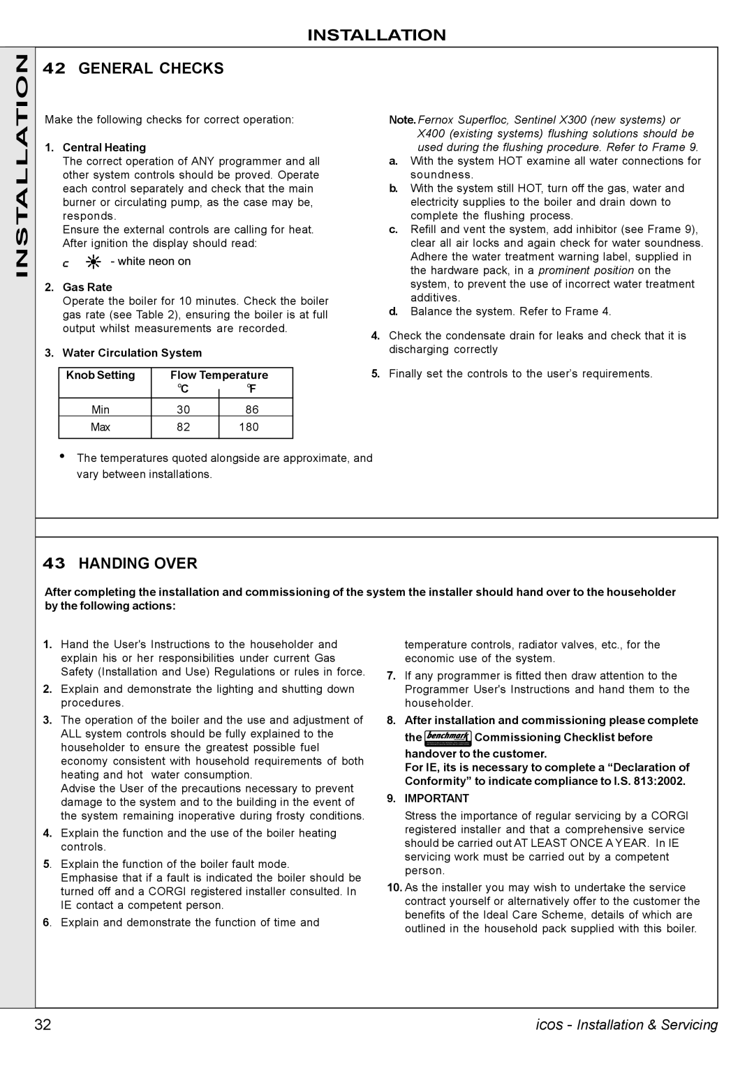 IDEAL INDUSTRIES HE24, HE18, HE12, HE15 manual Installation General Checks, Handing Over, Central Heating, Gas Rate 