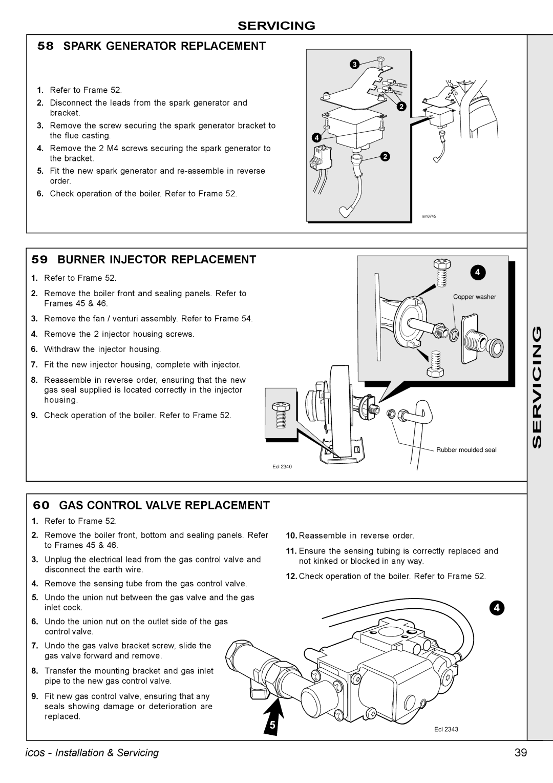 IDEAL INDUSTRIES HE15 Servicing Spark Generator Replacement, Burner Injector Replacement, GAS Control Valve Replacement 