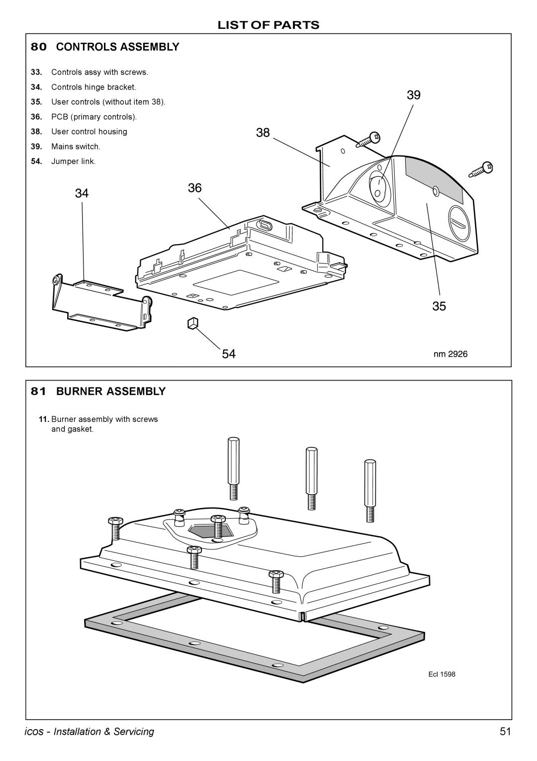 IDEAL INDUSTRIES HE15, HE24, HE18, HE12 manual List of Parts Controls Assembly, Burner Assembly 