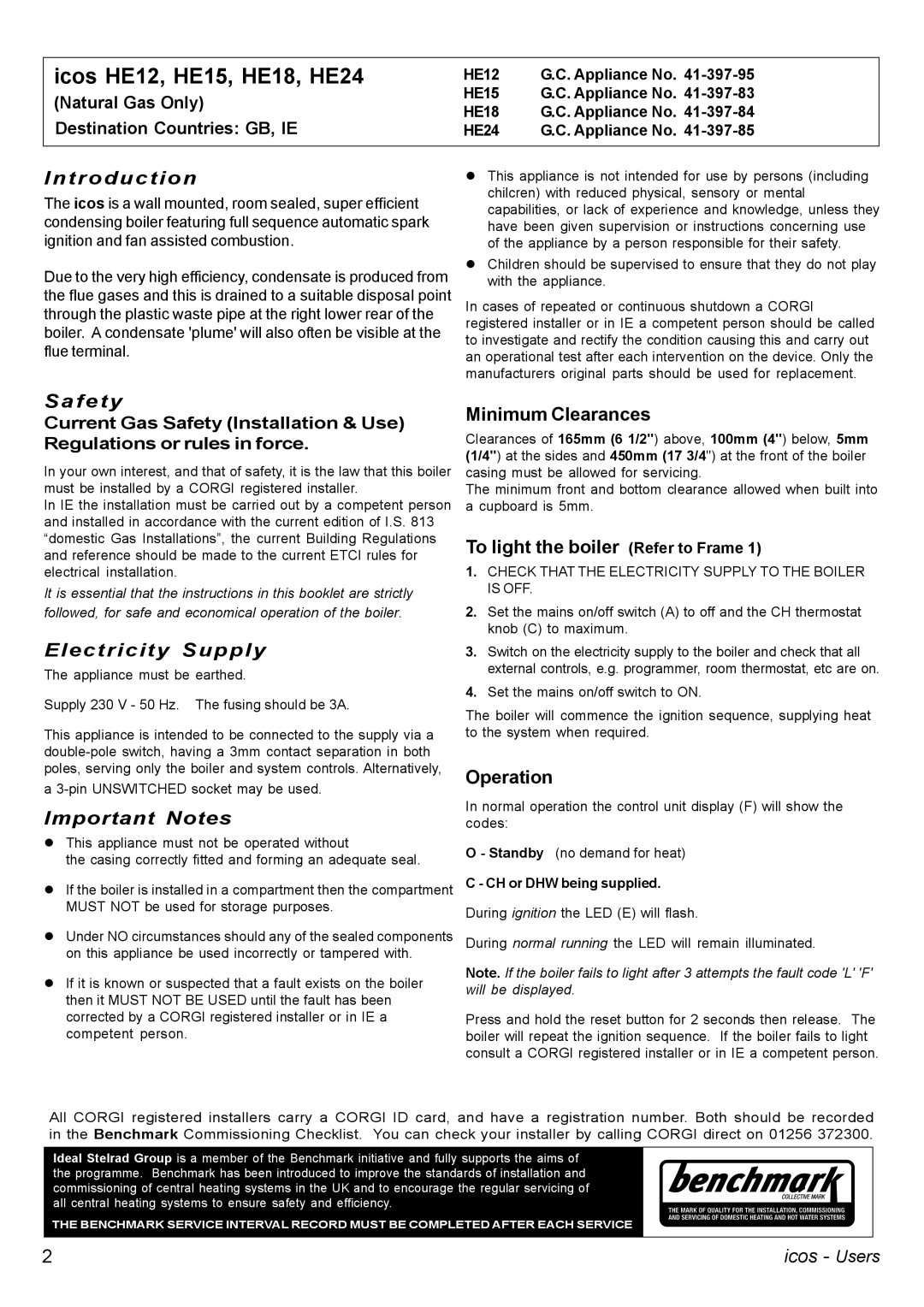 IDEAL INDUSTRIES HE12, HE24, HE18, HE15 manual Minimum Clearances, To light the boiler Refer to Frame, Operation 