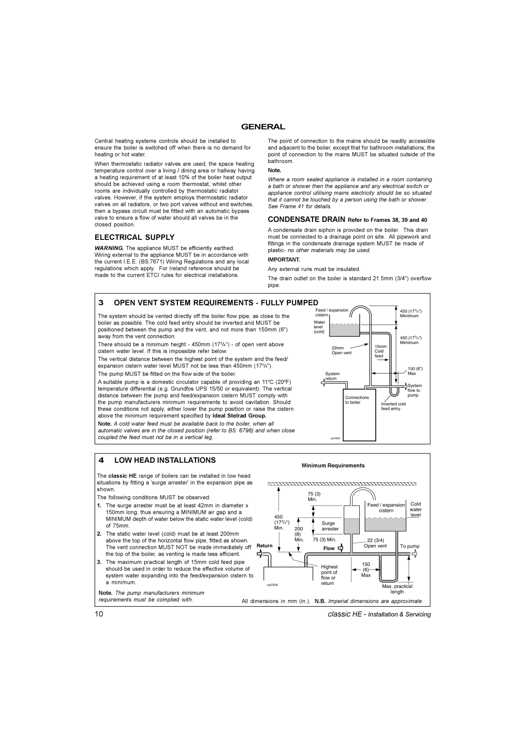 IDEAL INDUSTRIES HE12, HE9, HE18, HE15 Electrical Supply, Open Vent System Requirements Fully Pumped, LOW Head Installations 