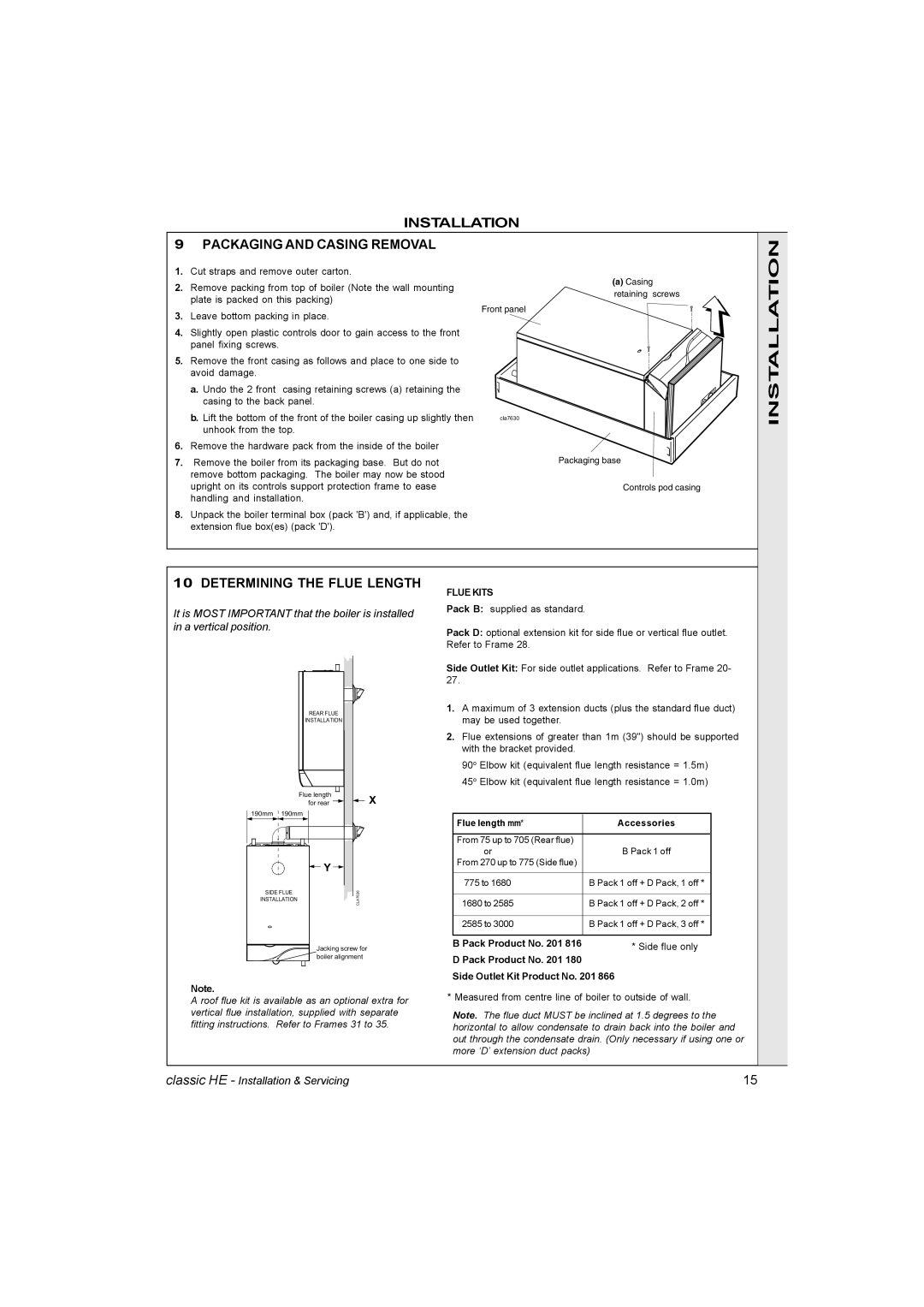 IDEAL INDUSTRIES HE15, HE9, HE18 Installation Packaging and Casing Removal, Determining the Flue Length, Pack Product No 