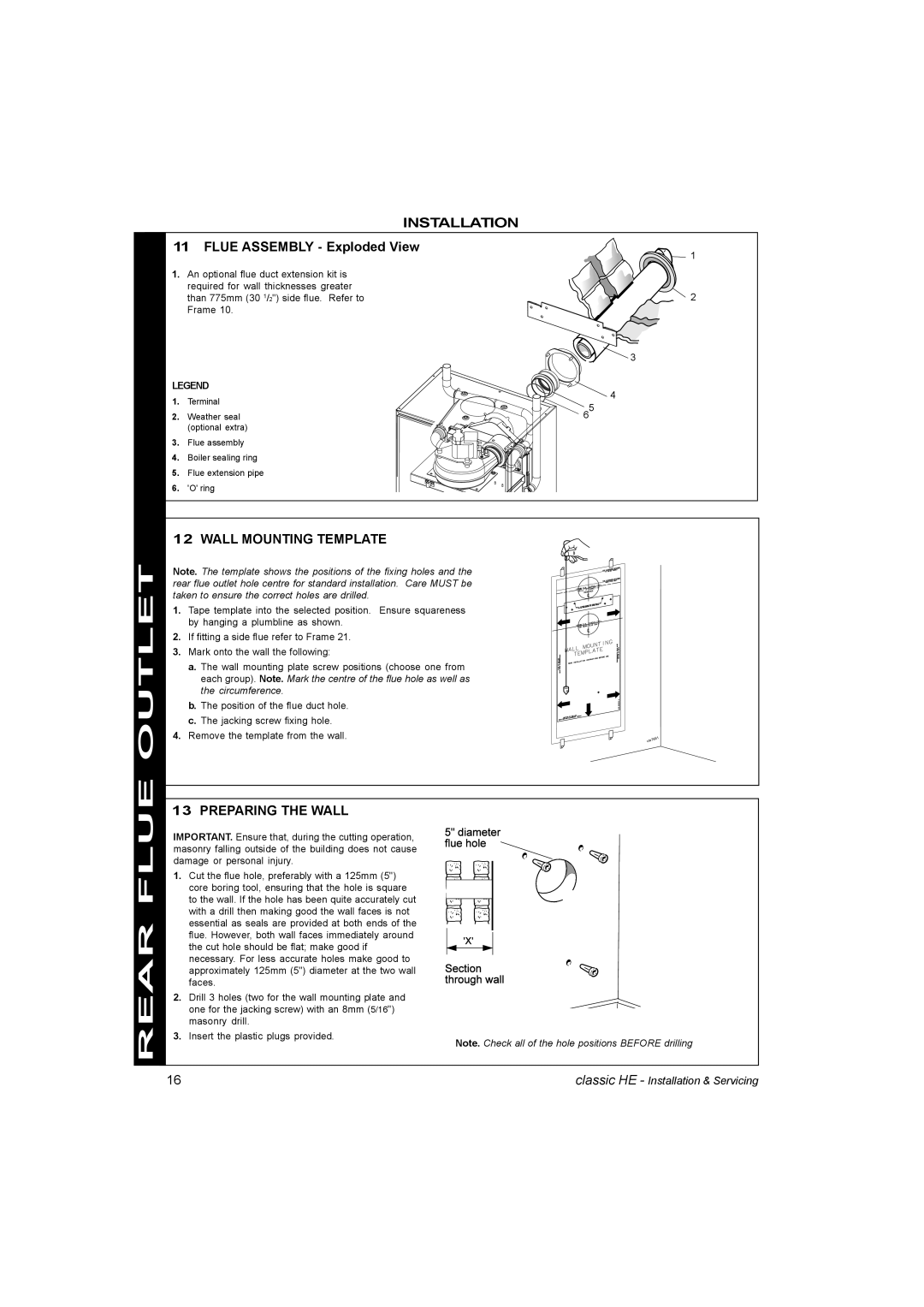 IDEAL INDUSTRIES HE9, HE18, HE12, HE15 manual Flue Assembly Exploded View, Wall Mounting Template, Preparing the Wall 