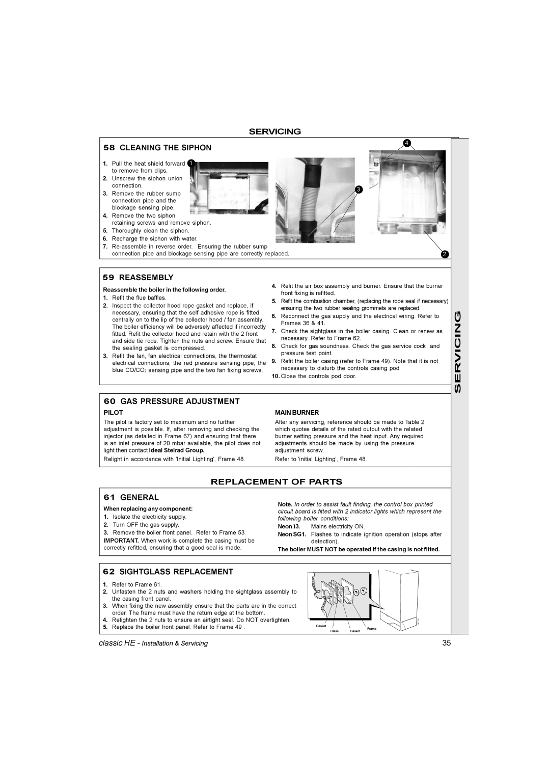 IDEAL INDUSTRIES HE15 Servicing Cleaning the Siphon, Reassembly, GAS Pressure Adjustment, Replacement of Parts General 