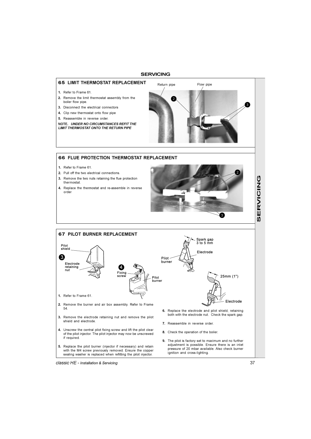 IDEAL INDUSTRIES HE18, HE9, HE12, HE15 manual Servicing Limit Thermostat Replacement, Flue Protection Thermostat Replacement 