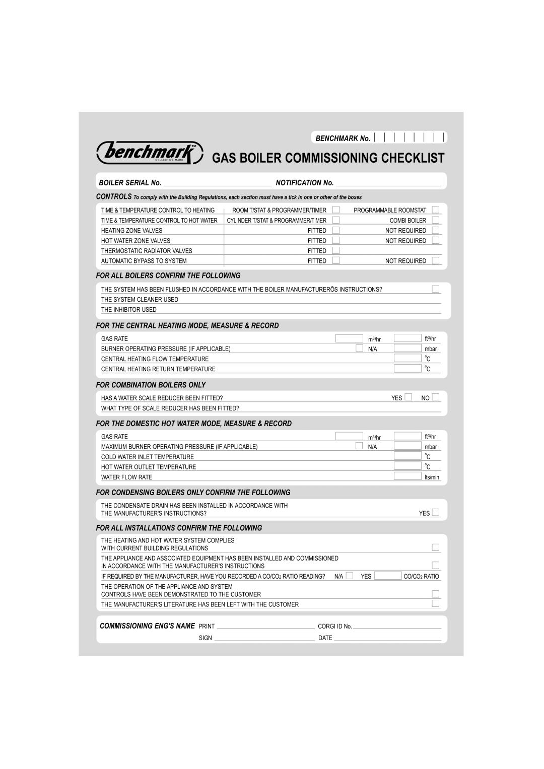 IDEAL INDUSTRIES HE12, HE9, HE18, HE15 manual GAS Boiler Commissioning Checklist 