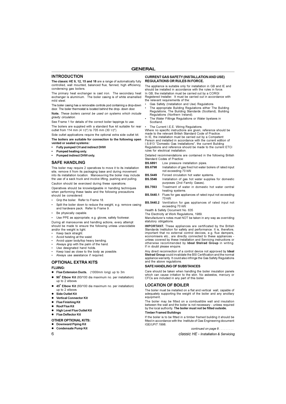 IDEAL INDUSTRIES HE12, HE9, HE18, HE15 manual General Introduction, Safe Handling, Optional Extra Kits, Location of Boiler 