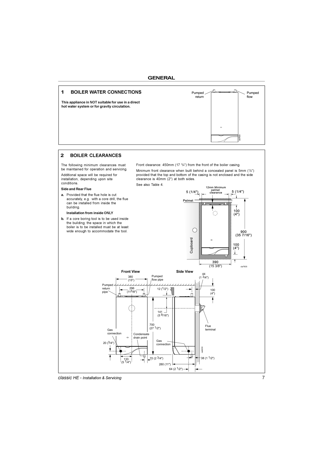 IDEAL INDUSTRIES HE15, HE9, HE18, HE12 manual General Boiler Water Connections, Boiler Clearances, Side and Rear Flue 