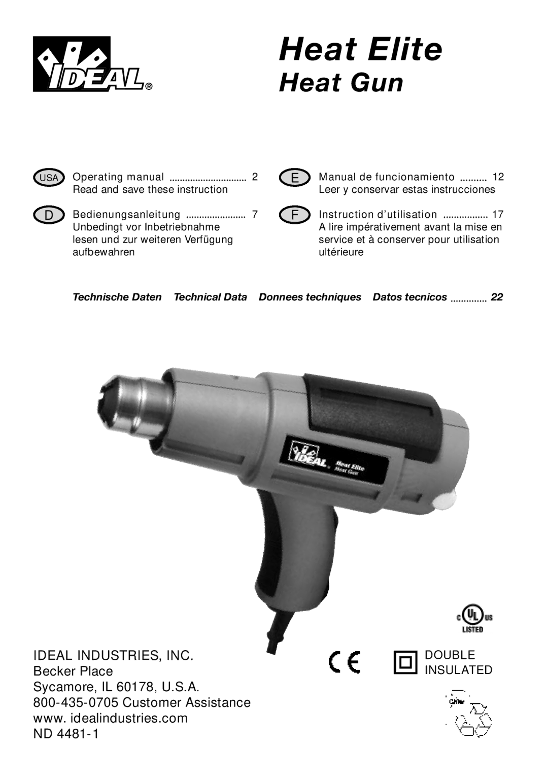 IDEAL INDUSTRIES Heat Gun manual Ideal INDUSTRIES, INC, Operating manual, Bedienungsanleitung 