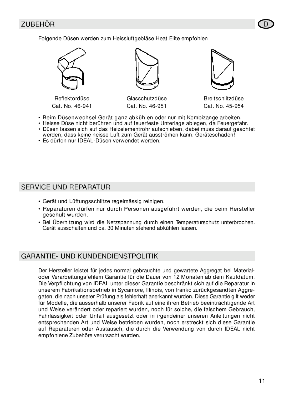 IDEAL INDUSTRIES Heat Gun manual Zubehör, Service UND Reparatur, GARANTIE- UND Kundendienstpolitik 