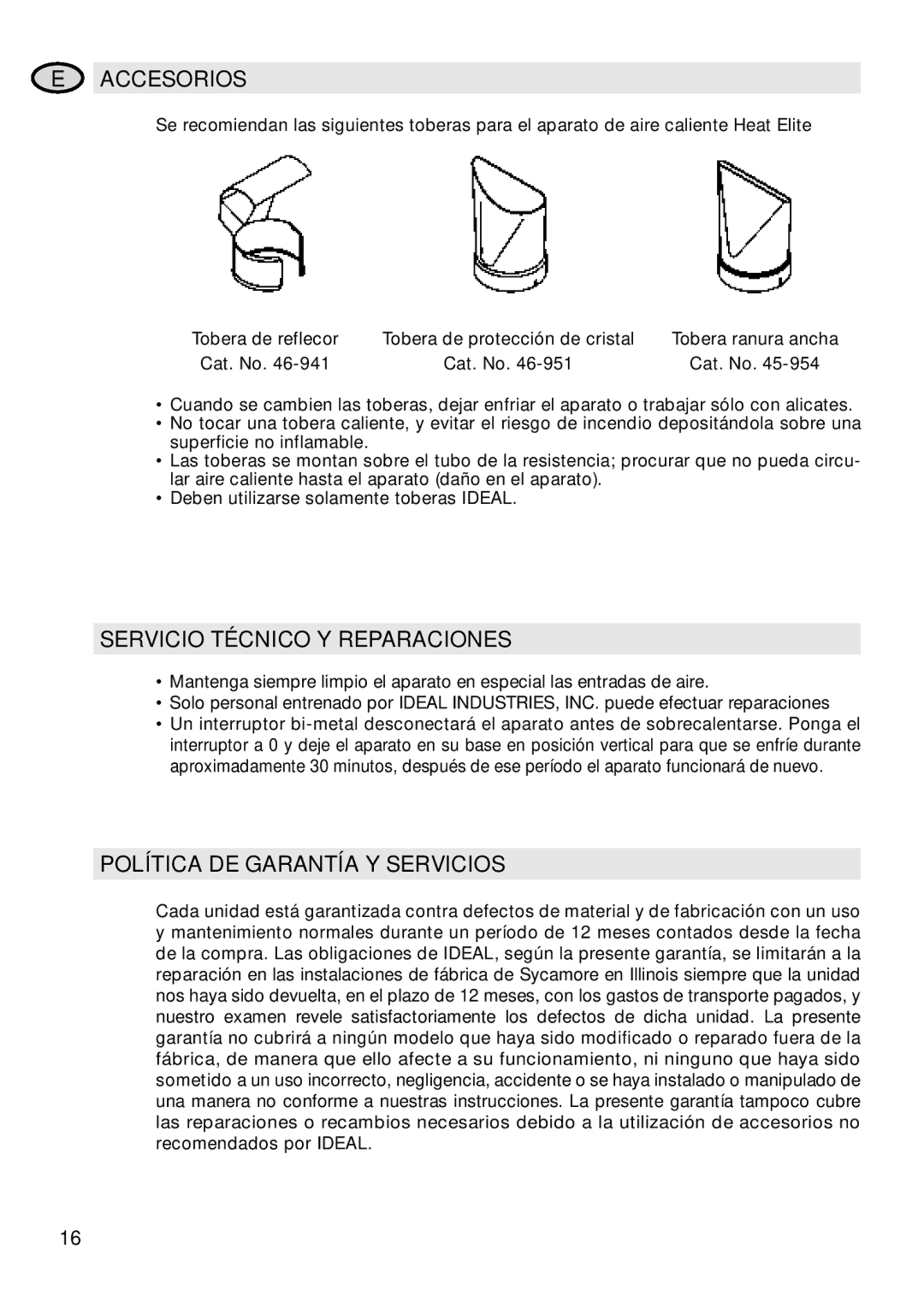 IDEAL INDUSTRIES Heat Gun manual Accesorios, Servicio Técnico Y Reparaciones, Política DE Garantía Y Servicios 