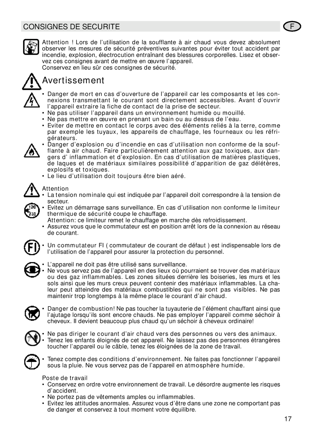 IDEAL INDUSTRIES Heat Gun manual Avertissement, Consignes DE Securite, Poste de travail 